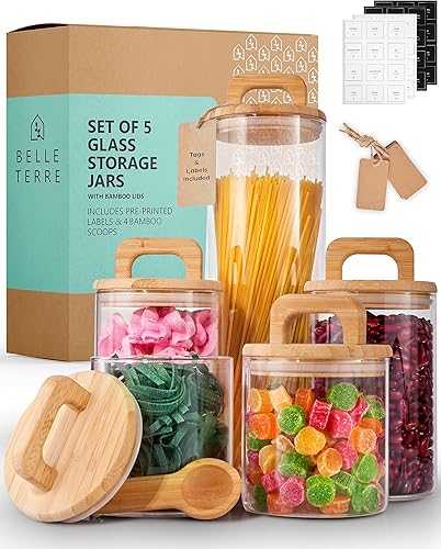 Miniatura 9 de Juego de tarros de vidrio de alta calidad, 5 recipientes con tapas herméticas de bambú, etiquetas personalizadas y cucharas, tarros de