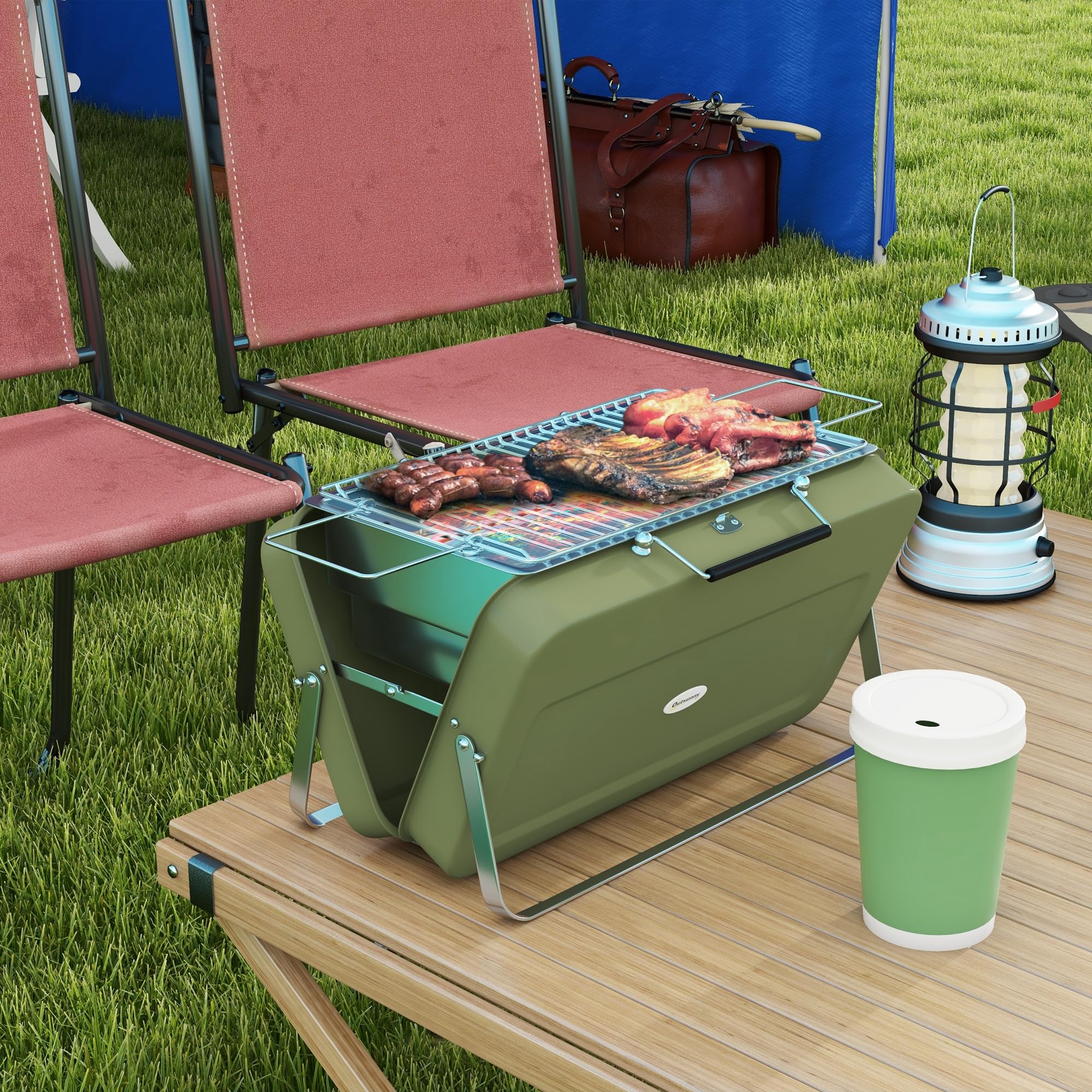 Outsunny Grill stołowy węglowy z misą na węgiel Zielony 47x30x28 cm