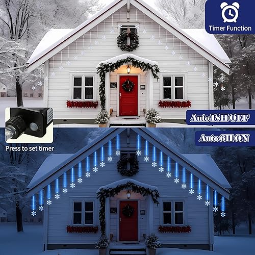 Vista 5 de Enhon Paquete de 2 luces de copo de nieve de lluvia de meteoritos para exteriores con temporizador, total de 480 LED de 12 pulgadas, 16 tubos Azul