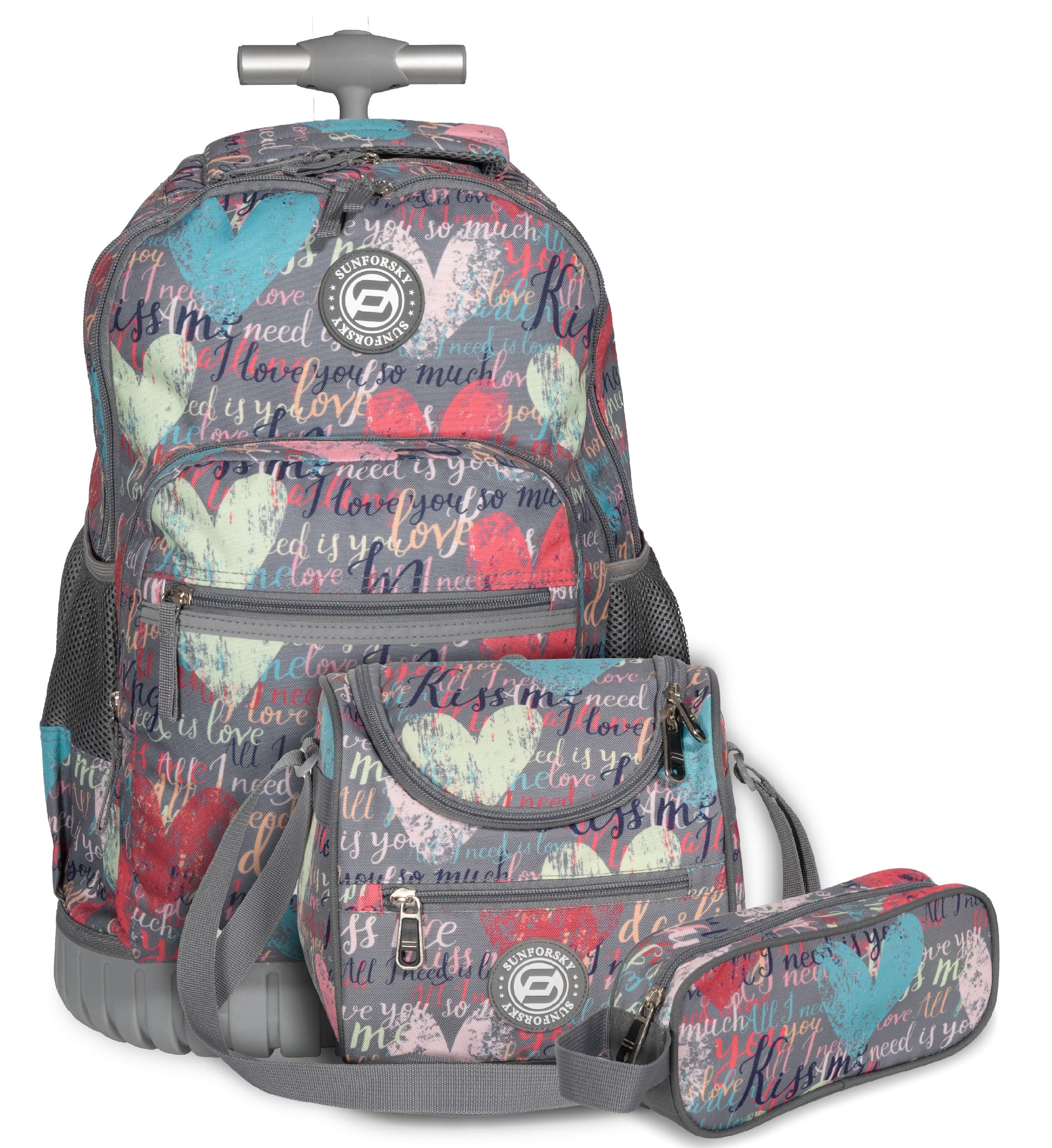 SUNFORSKY Mochila Escolar con Ruedas para Niños y Niñas, Carro Infantil, Incluye Estuche de Lapiceros y Bolsa para Snack, Convertible para Colgar de la Espalda (Gris Estilo Corazones)