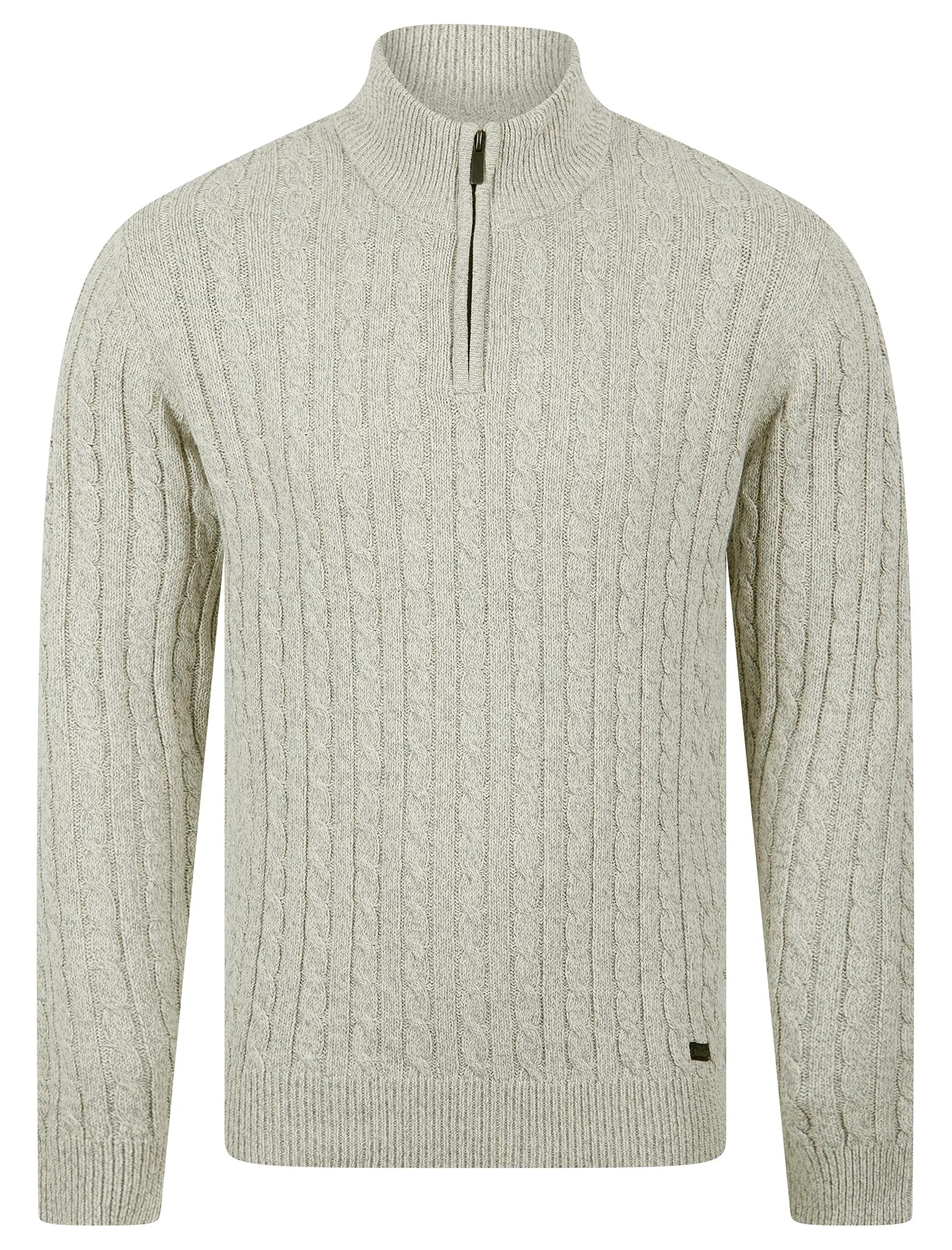 Tokyo Laundry Men's Grey / Ecru Twist 'Darren' Recycled Cotton Chunky Cable Knit Quarter Zip Funnel Neck Jumper