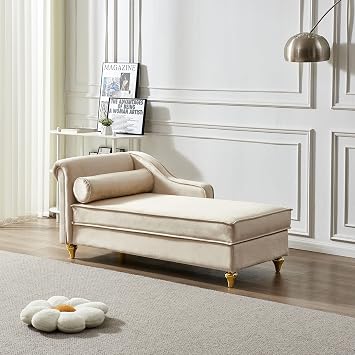 Velvet Lounge Sofa, Chaise Lounge Chair Indoor with Hidden Storage & Pillow, Modern Upholstered Corner Lounge Chair Sofa Bed for Living Room Bedroom, Beige