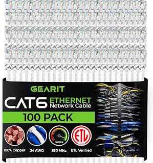 GearIT 100-Pack, Cat 6 Ethernet Cable Cat6 Snagless Patch 0.5 Feet - Snagless RJ45 Computer LAN Network Cord, White - Compatible with 48 Port Switch POE Rackmount 48port Gigabit