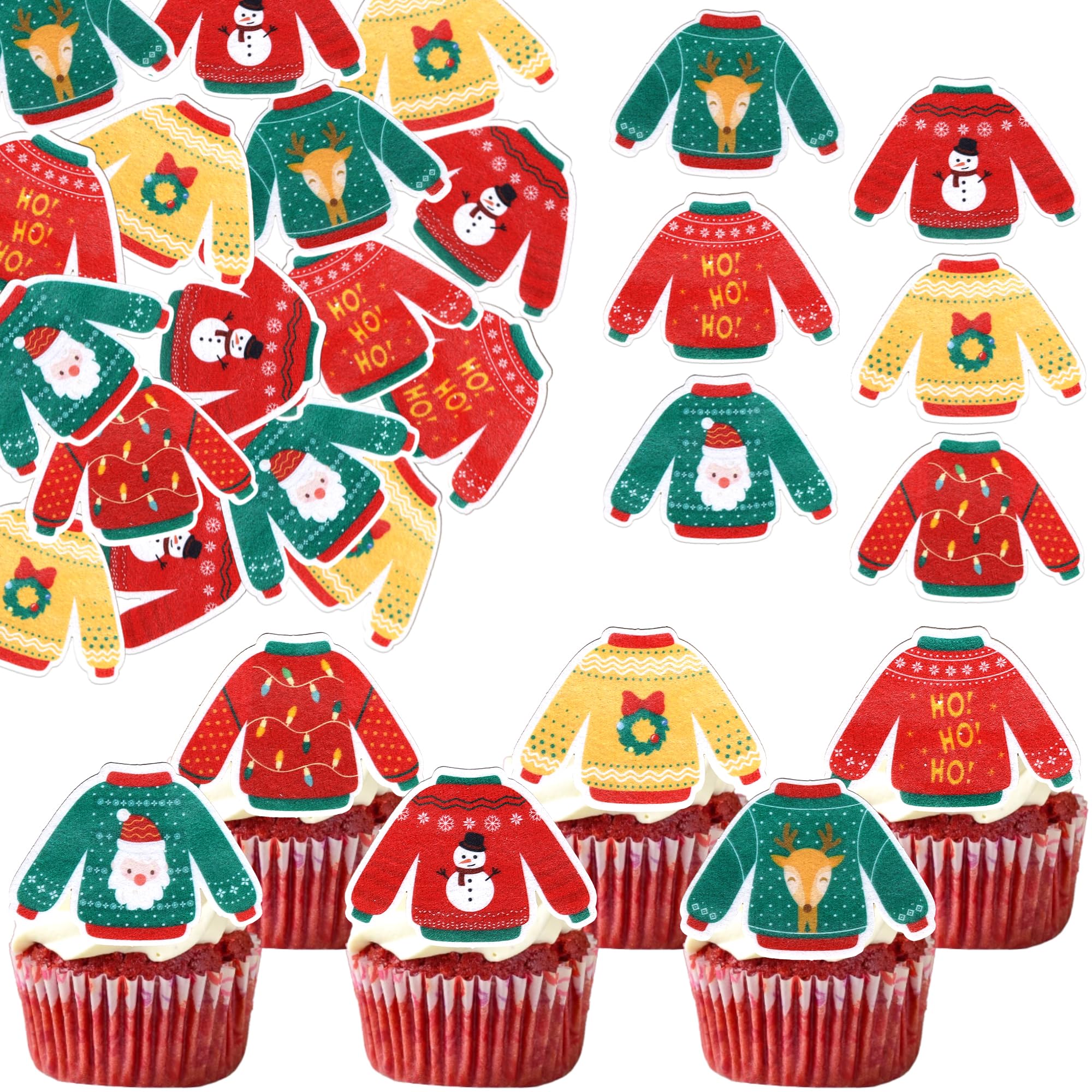 60 Pack Edible Ugly Sweater Cupcake Toppers Wafer Paper Merry Christmas Cupcake Picks Edible Ugly Sweater Party Decorations for Merry Christmas Baby Shower Birthday Party Cake Decorations Supplies