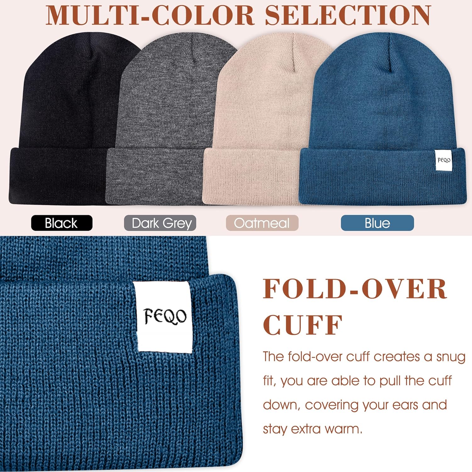 FEQO 4 Pack Satin Lined Beanie Hats Soft Silk Lined Beanies Knit Warm Cuffed Hats for Women Men - Image 5