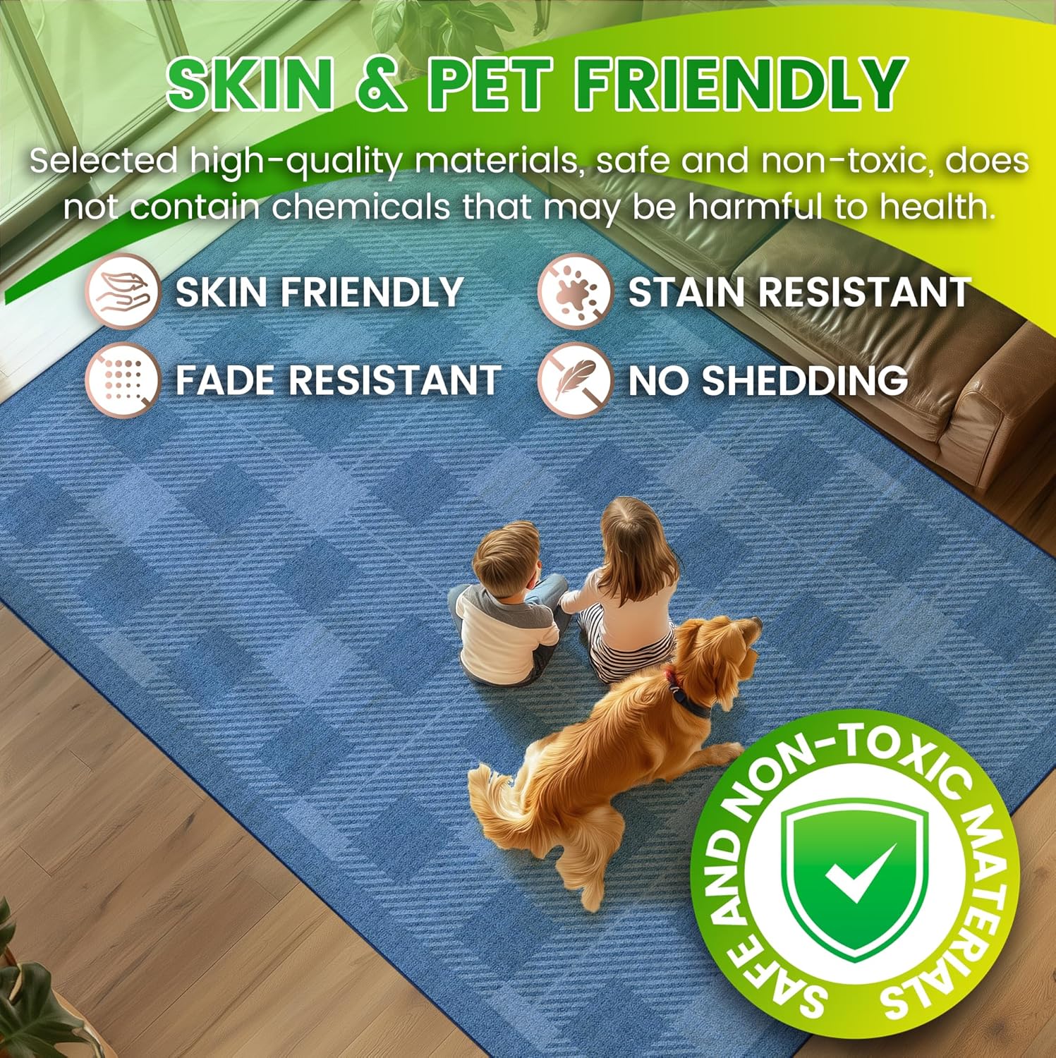 Washable 4x6 Checkered Rug for Living Room, Blue Checkerboard Modern Minimalist Large Area Rugs, Ultra-Thin Low Pile Soft Nonslip Indoor Floor Carpet Doormat for Office Bedroom Playroom Kitchen Dorm