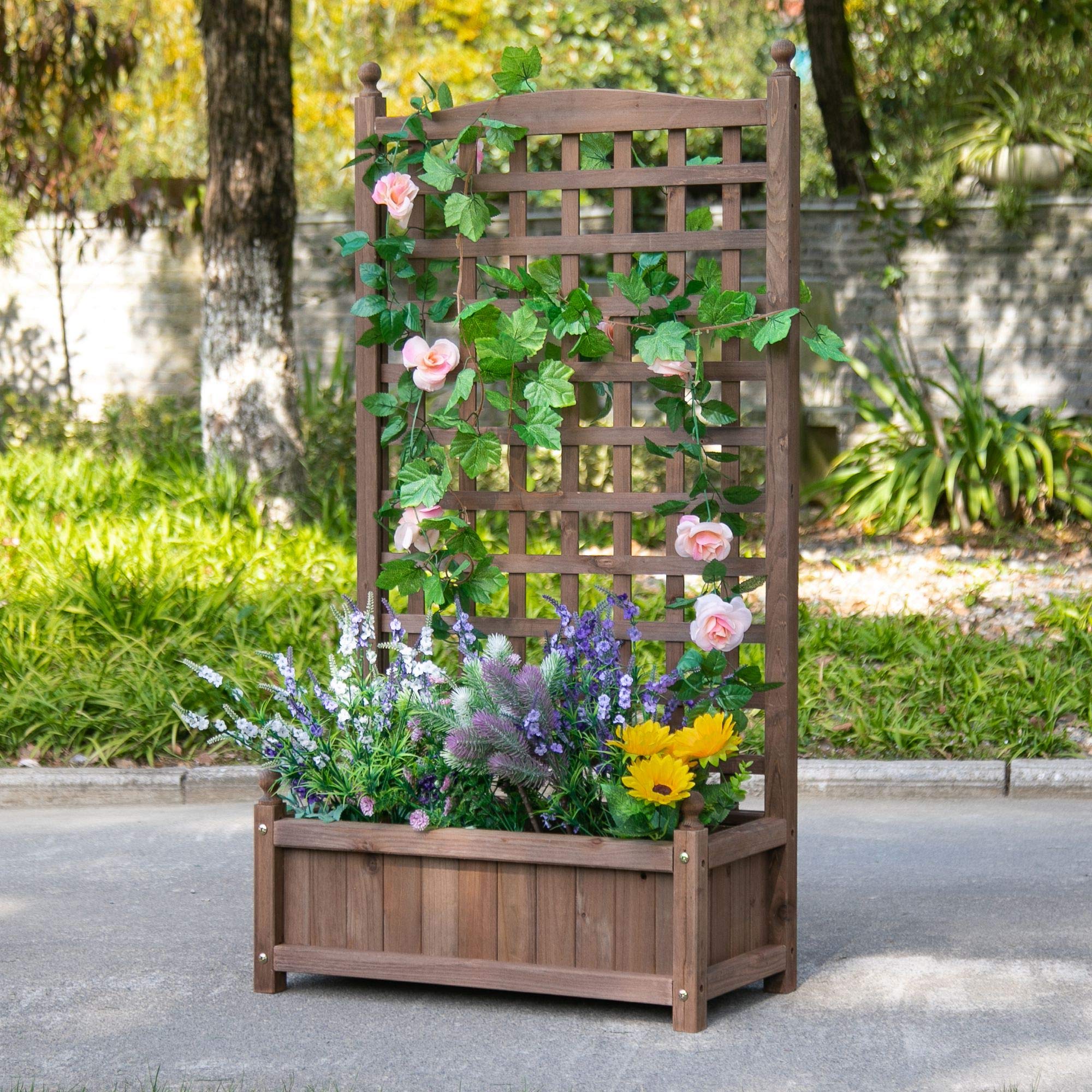 Outsunny Fioriera da Esterno in Legno, Portapiante con Grigliato per Piante Rampicanti e Aiuola Rialzata, 64x28x120cm, Marrone