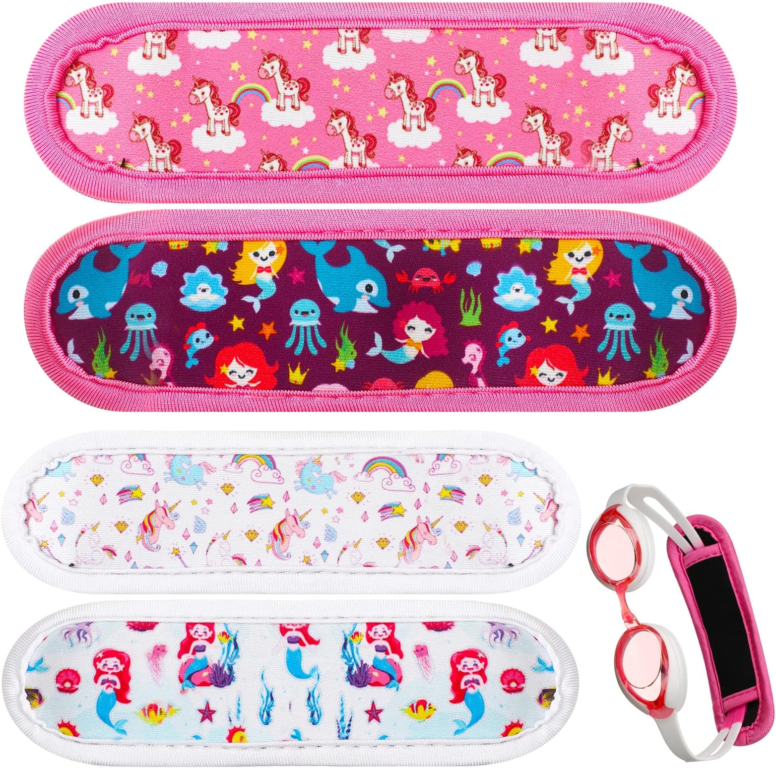 Hoteam4 Pieces Swim Goggle Strap for Kids Summer Kids Girl Swimming Goggles Strap Neoprene Fabric Goggles Strap Cover Swimming Hair Protector Wrap Mermaid Unicorn Fabric Band for Kids, Age 3-12