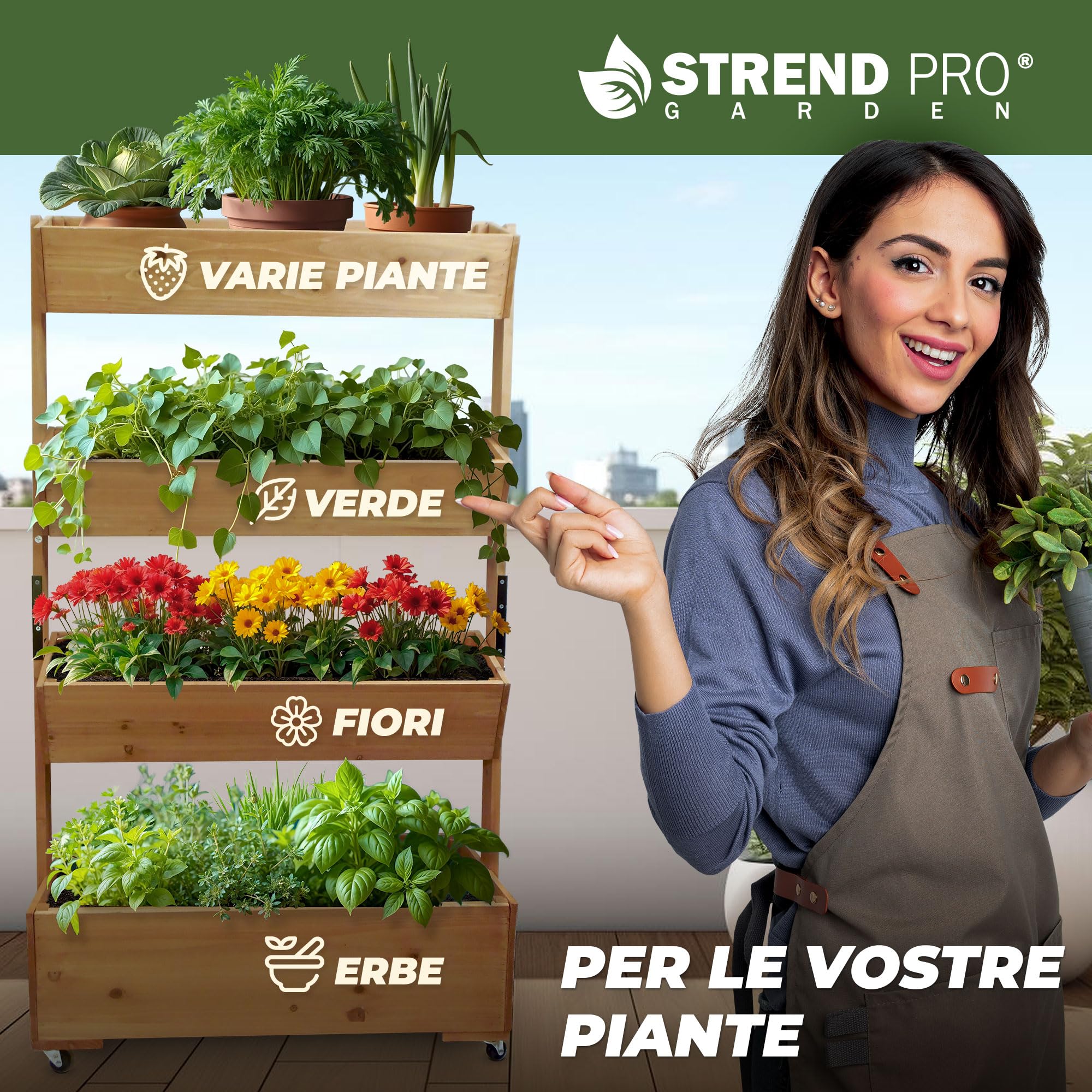 STREND PRO Balcone aiuola rialzata a 4 livelli LEGNO | 147x85x45 cm (AxLxP) | Aiuola verticale resistente alle intemperie Scala per piante da esterno | Aiuola per balcone per fiori, erbe aromatiche