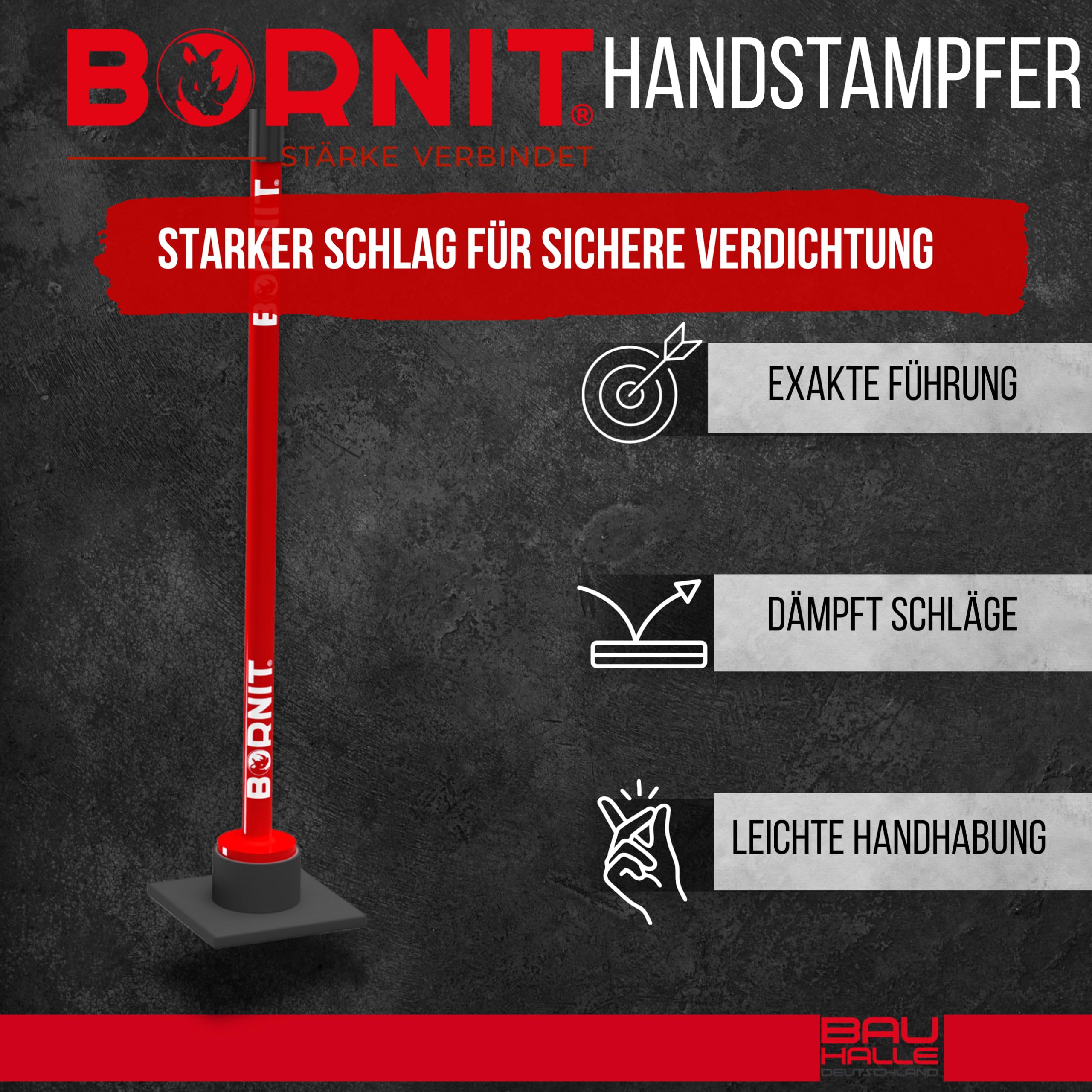 BORNIT Handstampfer zum Verdichten Gelenkschonend [reißfeste Schweißnähte] 18x18cm 7,2kg Erdstampfer Bodenverdichter Gartengeräte Handramme Bodenstampfer Verdichter Handverdichter Werkzeuge Garten Bau