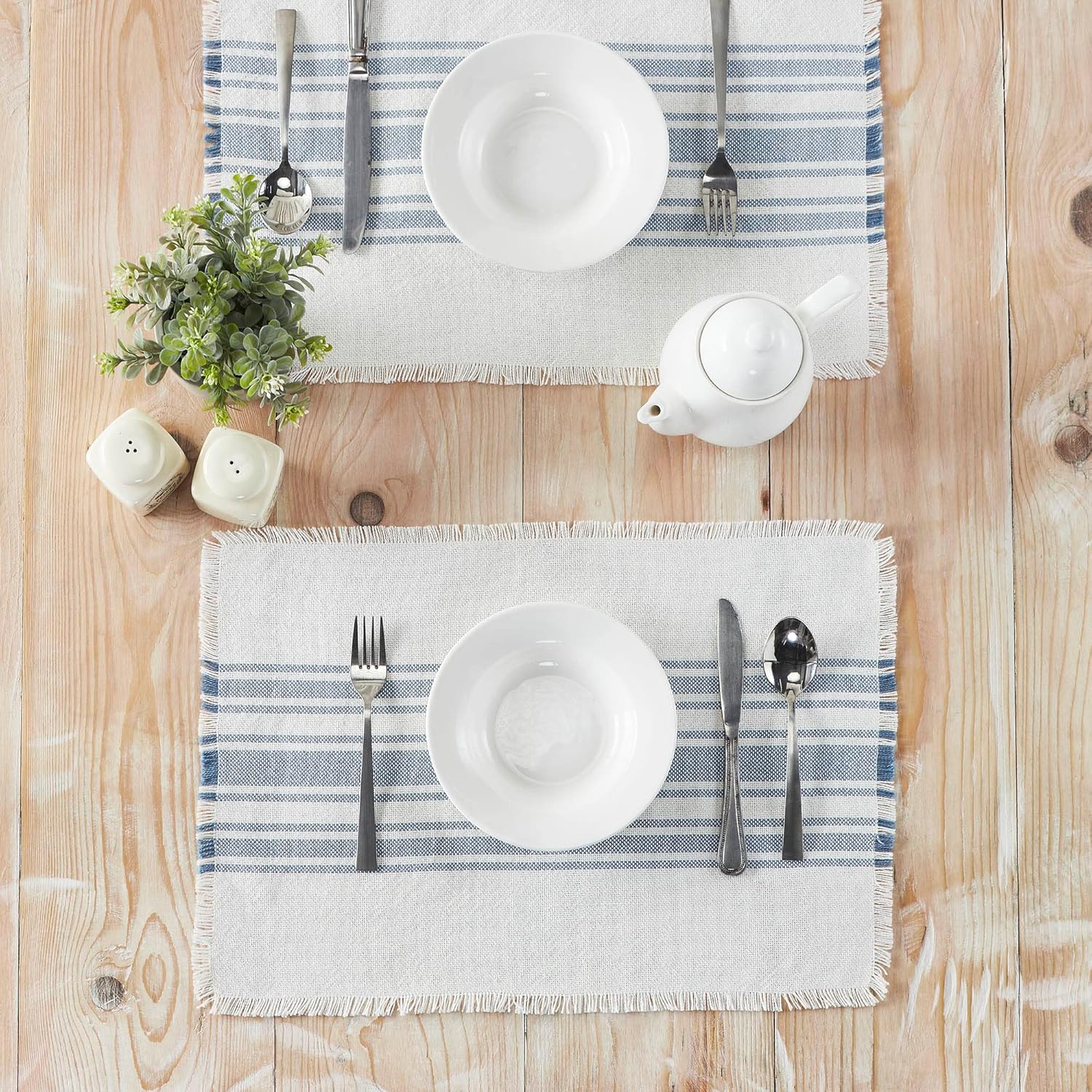 VHC Brands Antique White Stripe Farmhouse 13"x19" Placemat Set of 6 Blue Recycled Plastic (PET) Striped Water-Resistant Oval Kitchen Table Decor