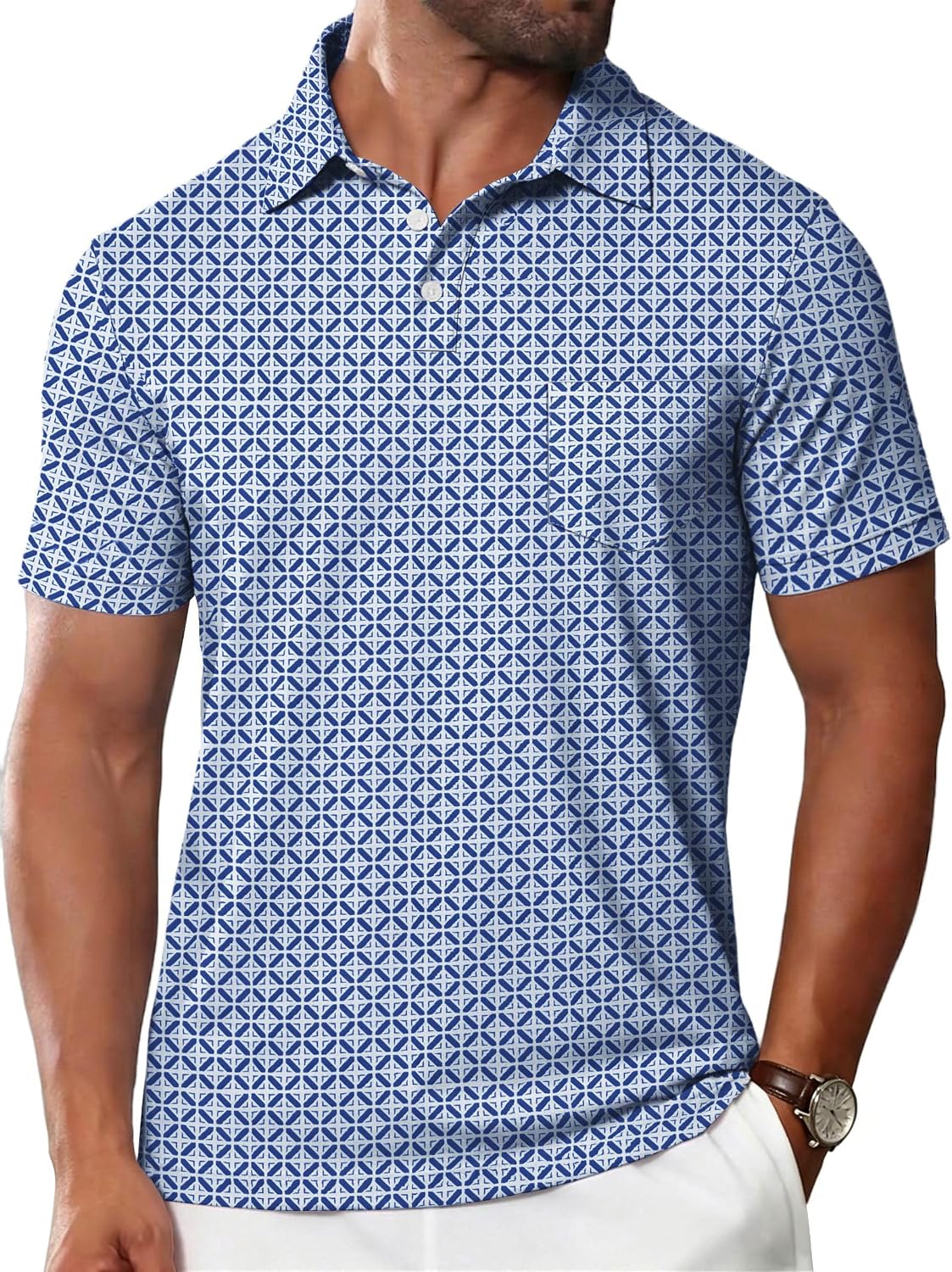 Mens Printed Polo Shirts Short Sleeve Moisture Wicking Quick Dry UPF 50+ Performance Collared with Pocket