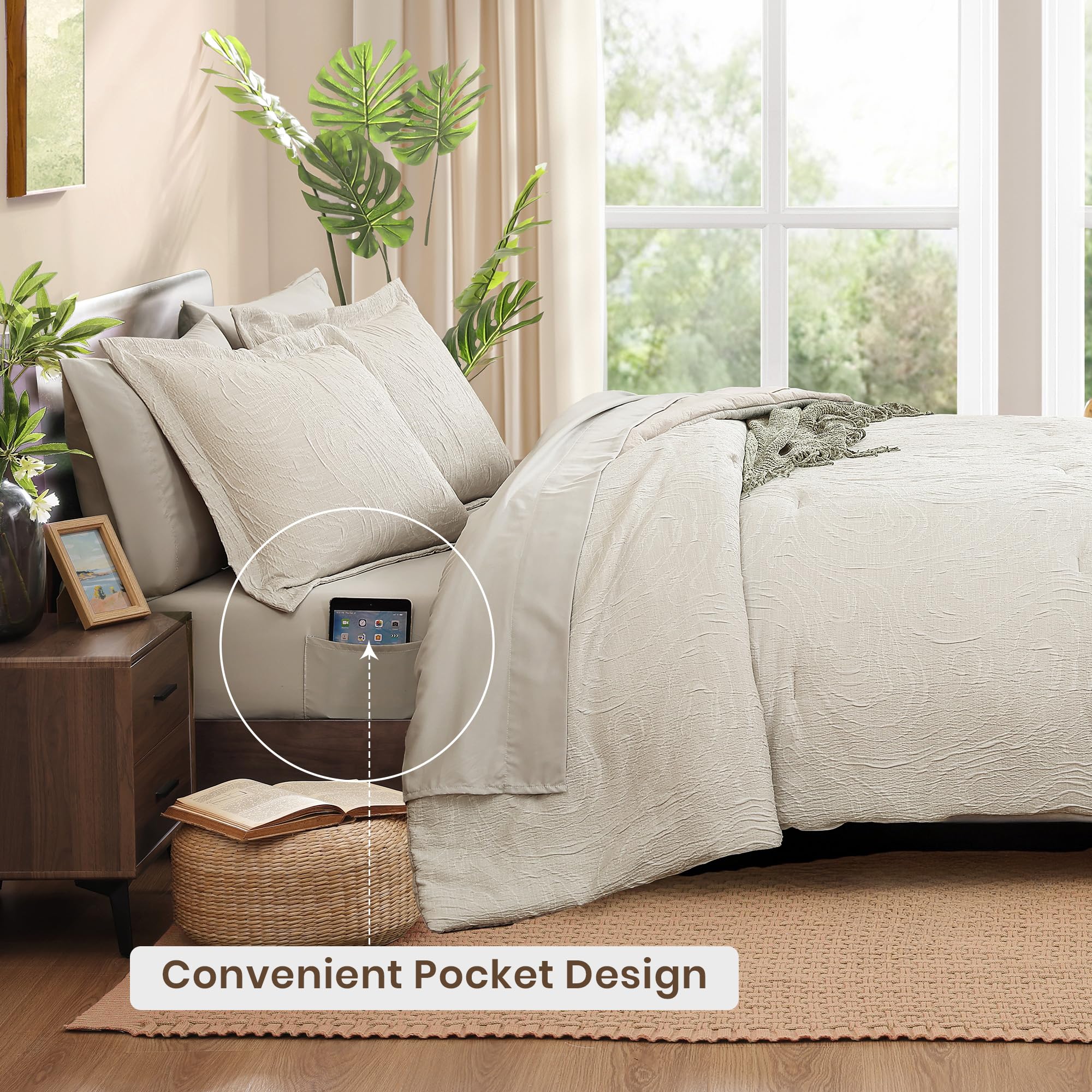 Monbix Queen Comforter Set - 7 Pieces Cationic Dyeing Olive Green Bed in a Bag Queen Bedding Sets with Comforter, Sheets, Pillowcases & Shams, Reversible Bedding Comforters Sets: Pebble 7Piece-Queen(90”X90'')