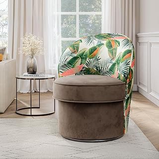 BELLEZE Grove Swivel Barrel Chair - Floral Pattern Velvet Upholstered 360° Rotating Accent Armchair for Living Room Bedroom (Brown)