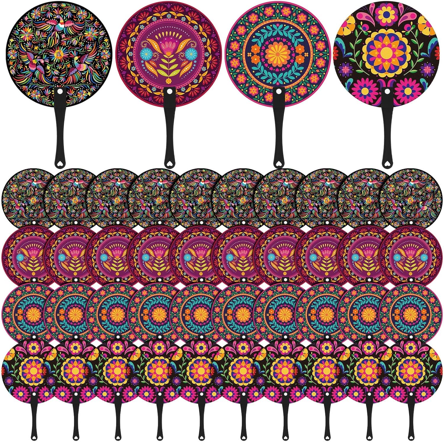 Yaomiao 40 Pcs Mexica Handheld Fan Cinco De Mayo Decorations Fiesta Mexico Party Favors 4 Styles Round Shaped Fans Bulk for Women Mexican Fiesta Party Supplies Festival Gifts