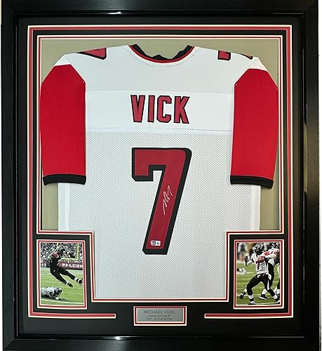 Framed AutographedSigned Michael Mike Vick 33x42 Atlanta White Football Jersey PSADNA COA