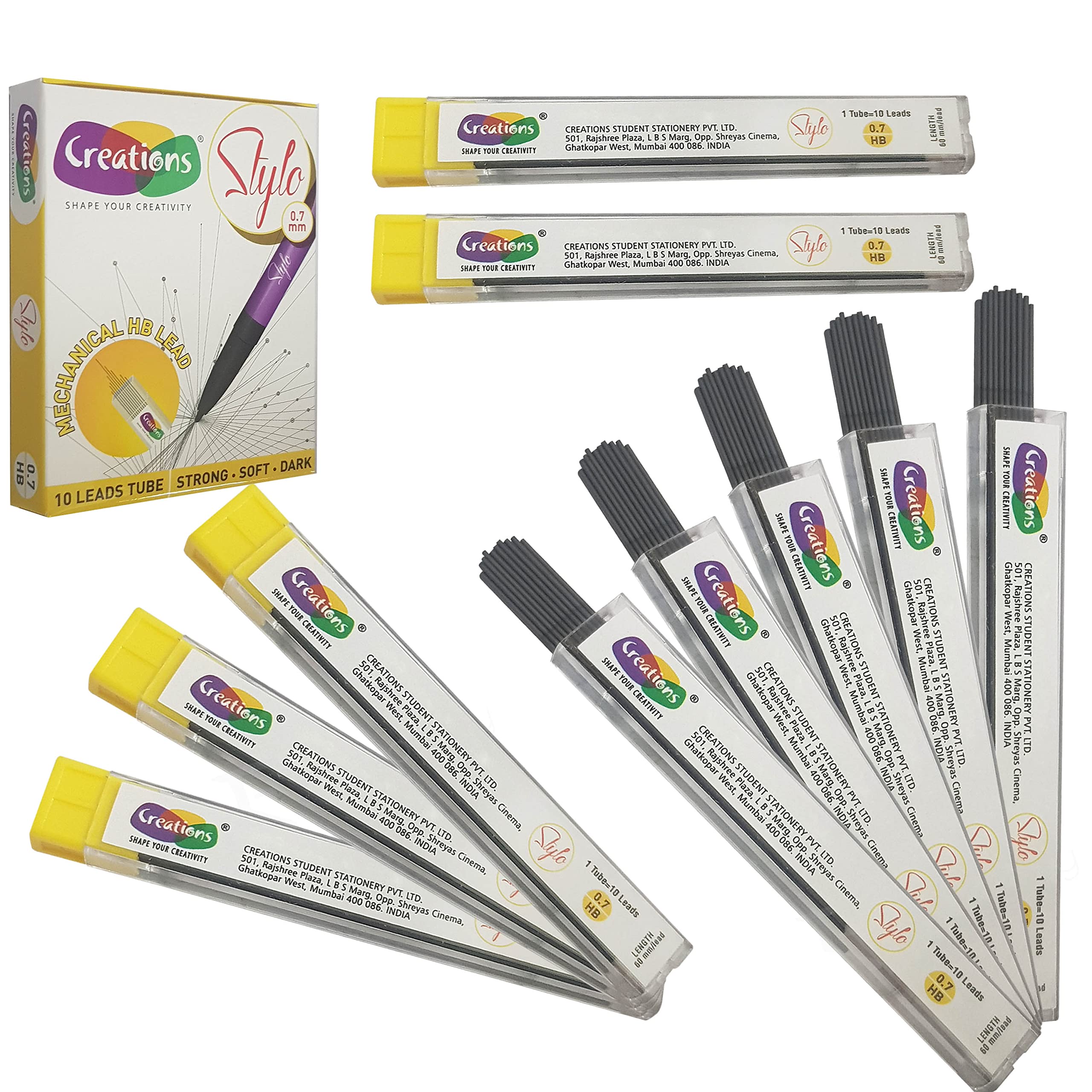 CREATIONS 0.7mm Pencil HB Lead Refills, Pack of 100 Leads, Mechanical Pencil Lead Refills, 60mm Length, 10 Leads/ 1 Tube, PATEL Black Ball Pen