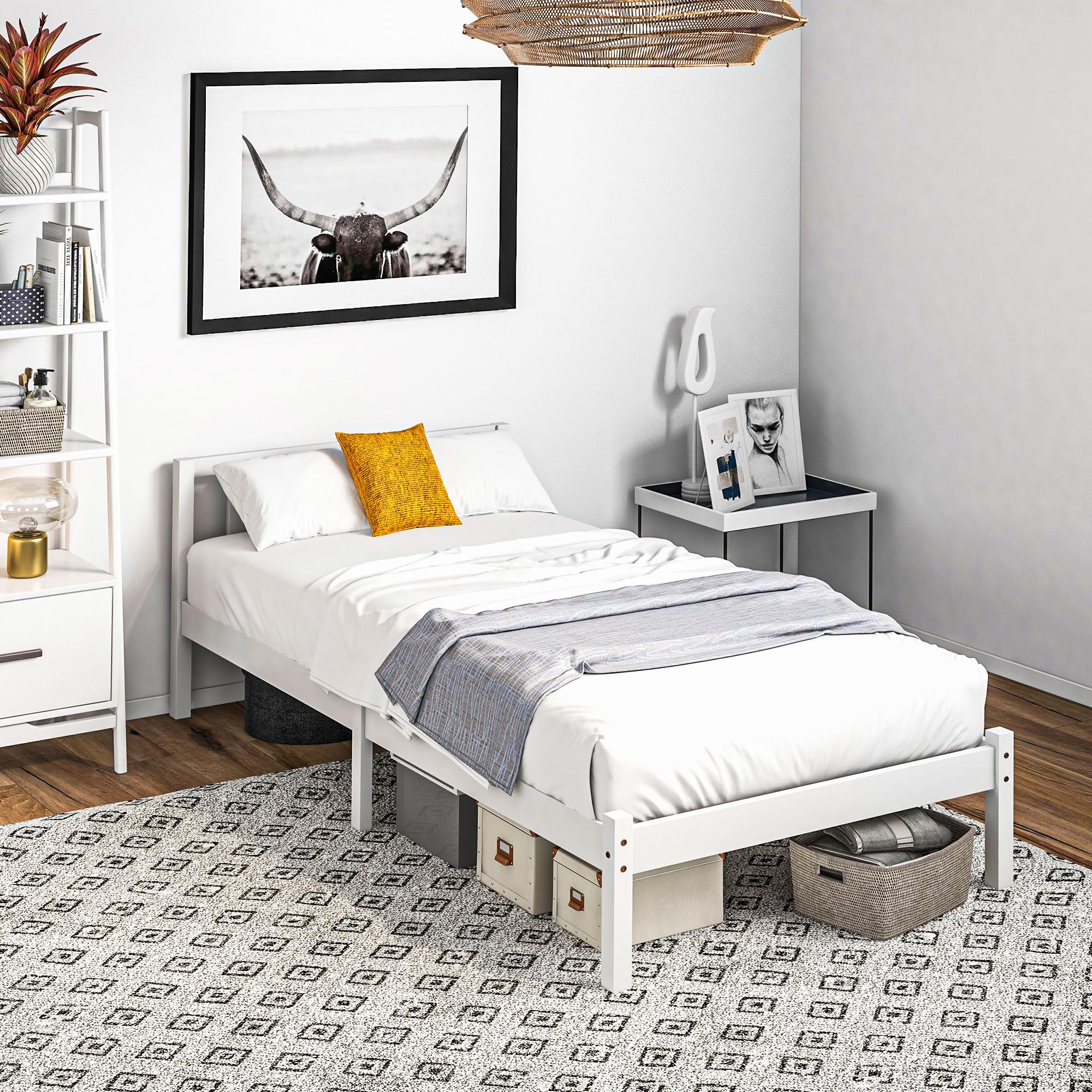 HOMCOM Cadre de lit en Bois Massif 90x190 cm Lit Simple avec tête intégrée et Sommier à Lattes Solide pour Enfants Adultes Blanc