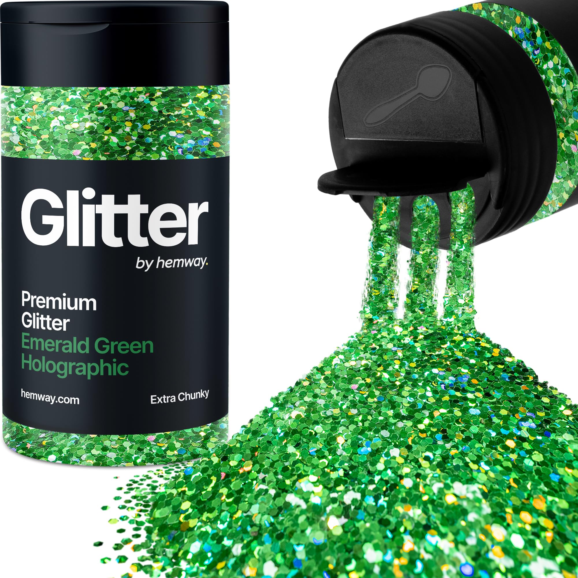 Holographic Emerald Green Glitter Shaker, 130g Extra Chunky Glitter, Crafts 1/24" Metallic Flake Emerald Green Sequins