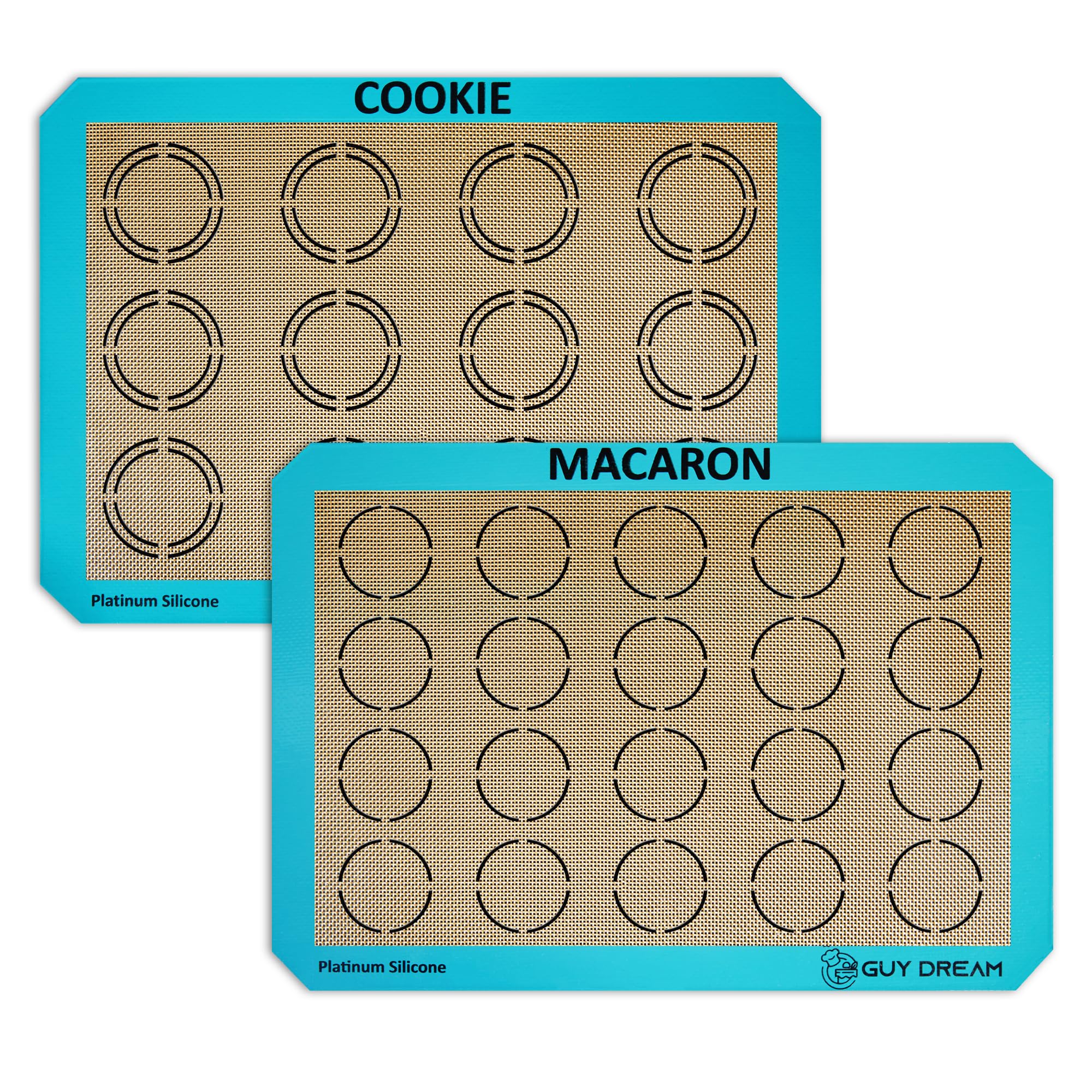 GUYDREMAT - Juego de 2 alfombrillas de silicona para hornear galletas y macarrones, reutilizables, de silicona de grado alimenticio, resistente al calor, con medidas para galletas