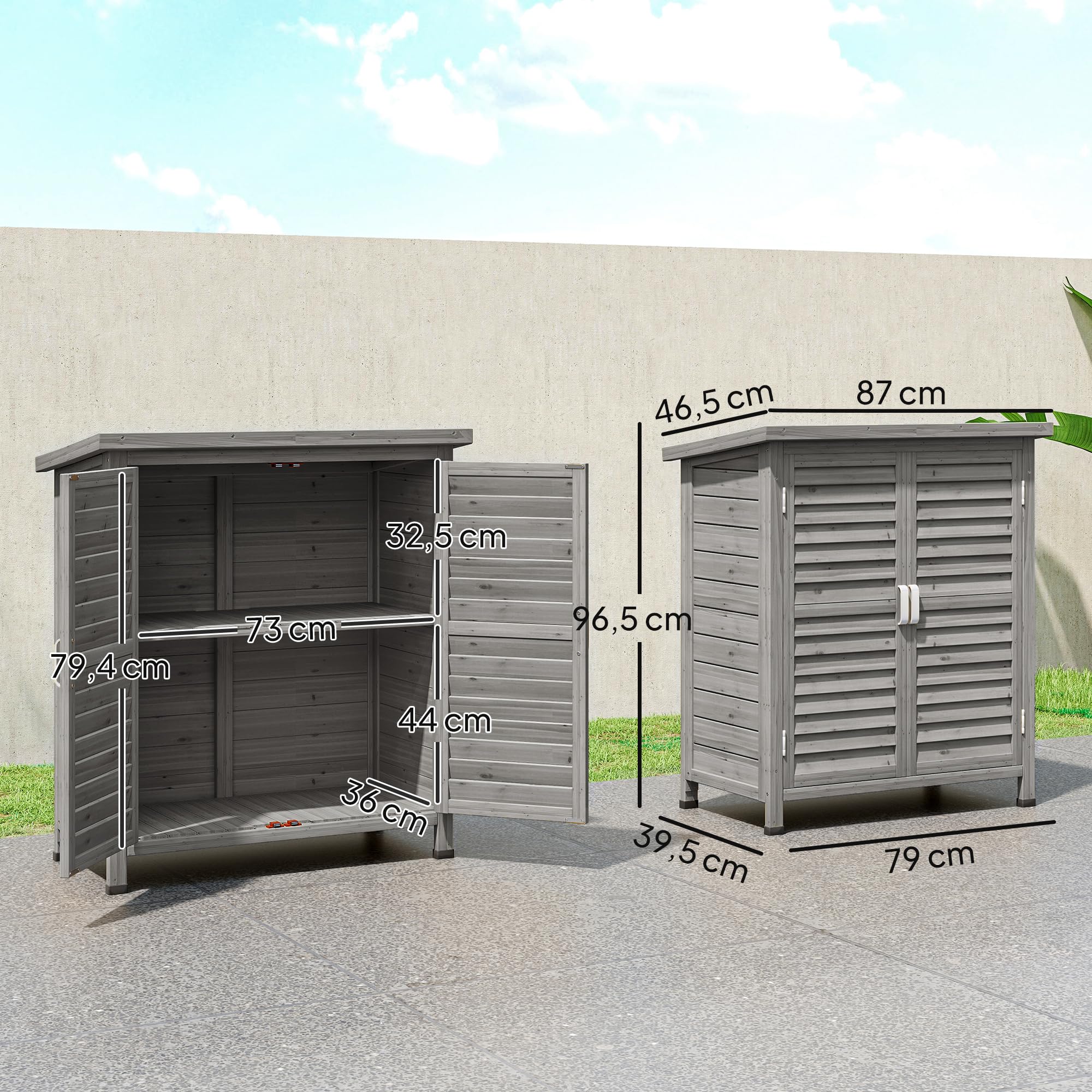 Outsunny Armoire de Jardin abri Jardin Remise pour Outils sur Pied dim. 87L x 46,5l x 96,5H cm étagère Portes persiennes Toit bitumé Gris