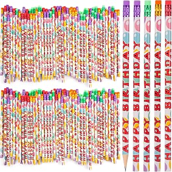 Kolewo4ever 200Pcs Happy Birthday Pencils Colorful Printed Pencils for Students Happy Birthday Teacher Pencil Classroom with Top Erasers for Birthday Party Supplies