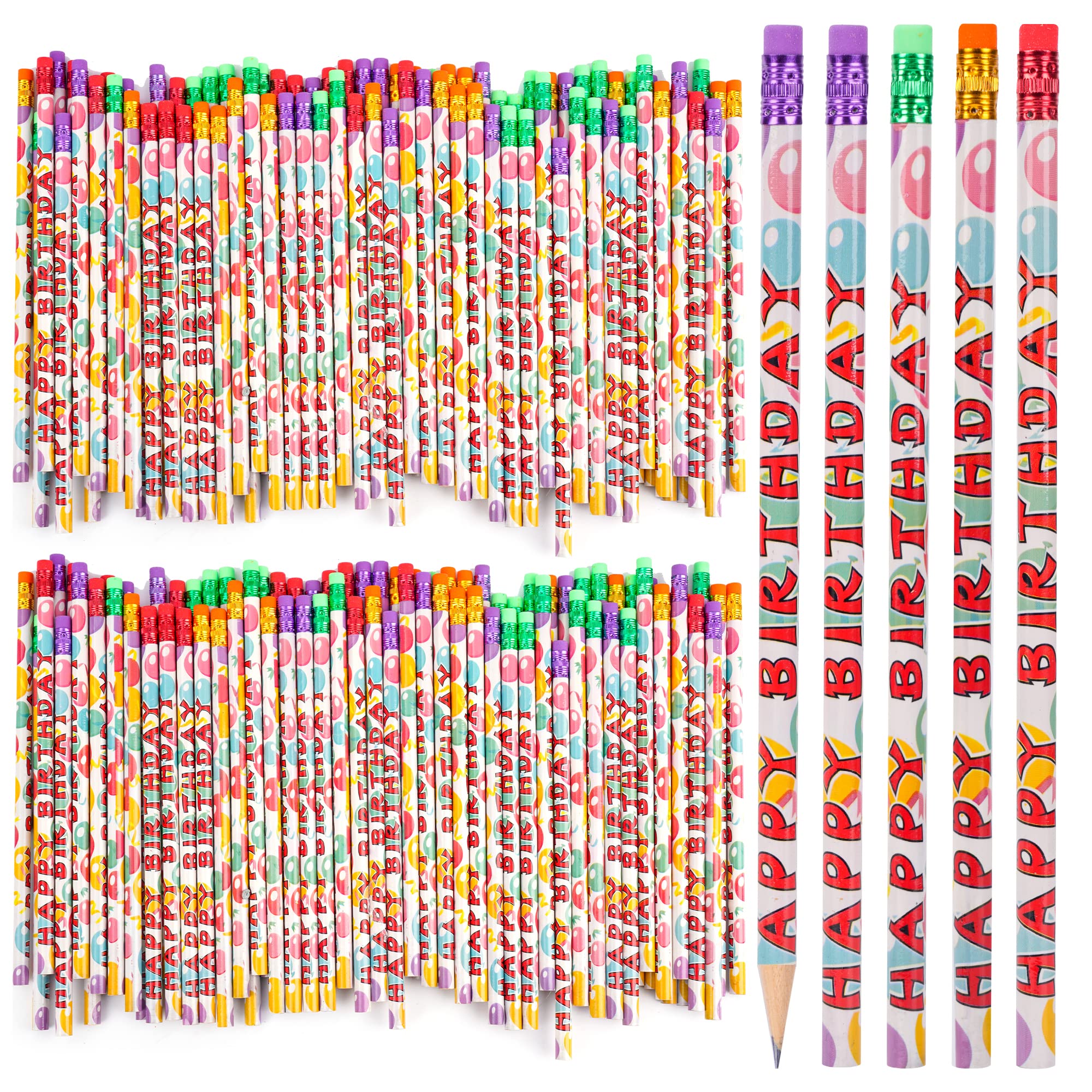 Kolewo4ever 200Pcs Happy Birthday Pencils - Bright Wooden Pencils with Top Erasers for Kids & Adults - Party Favors & School Supplies