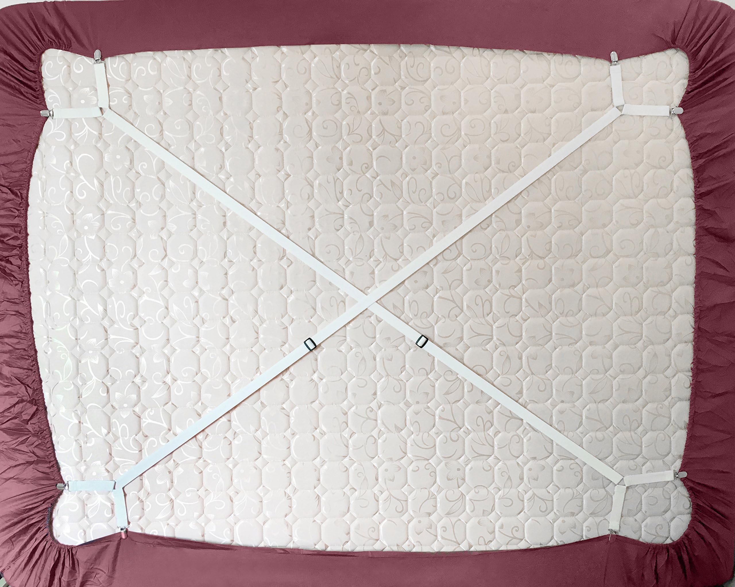 2 Pull Side Adjustable Criss Cross Bed Sheet Holders Fasteners Grippers Clips Suspenders Straps (Pack of 2, in White)