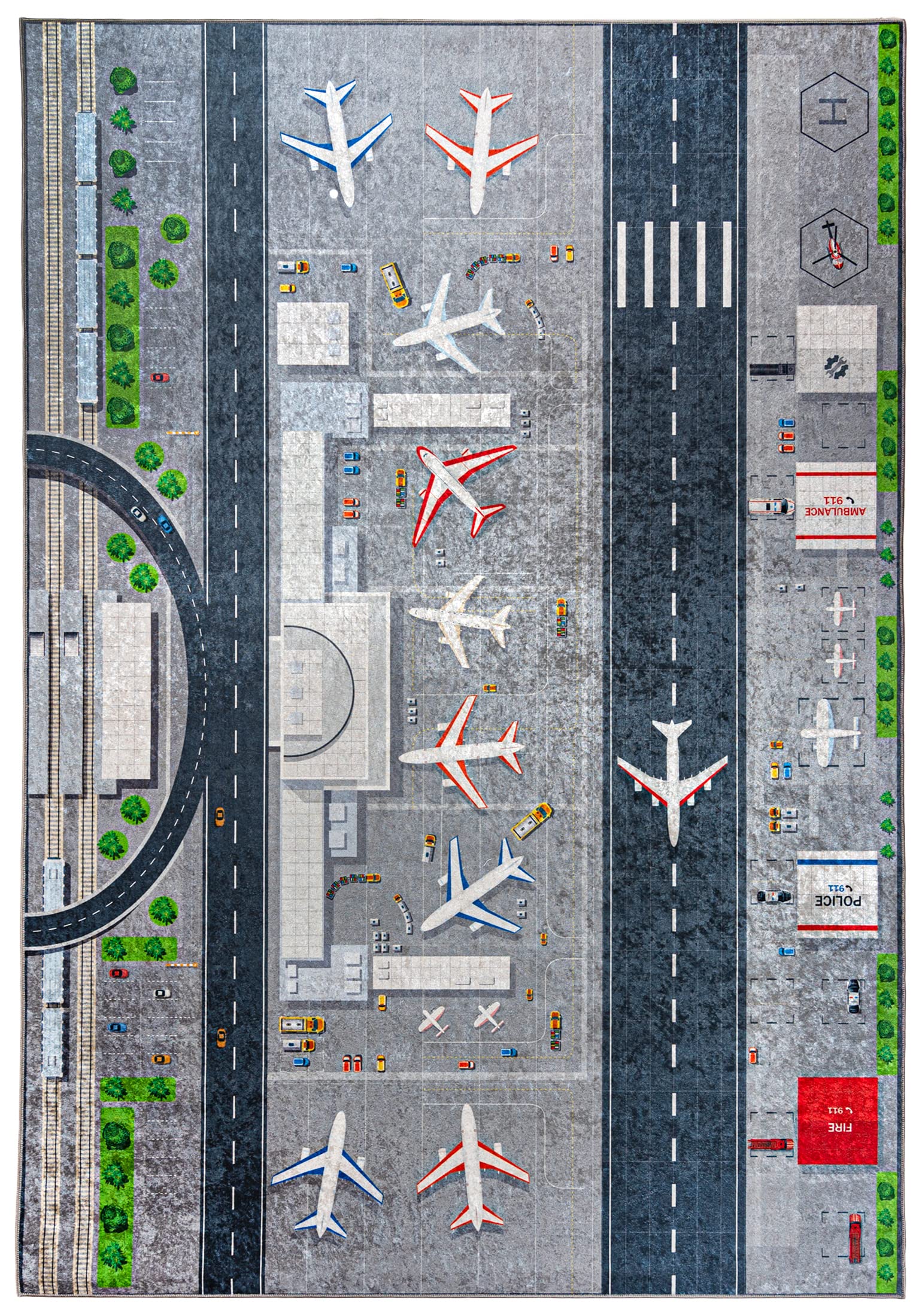 Mazovia Kinderzimmerteppich Antirutsch - Waschbar bis 30 Grad - Spielteppich Flugzeuge Flughafen - Kurzflor Kinderteppich für Kinderzimmer - ÖKO-TEX Zertifiziert - Grau 120 x 170 cm