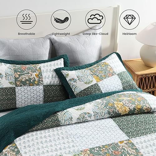 Miniatura 3 de Secgo Edredón tamaño King juego de ropa de cama 100% algodón (98 x 106 pulgadas) con 2 fundas de almohada, colcha ligera reversible de retazos,