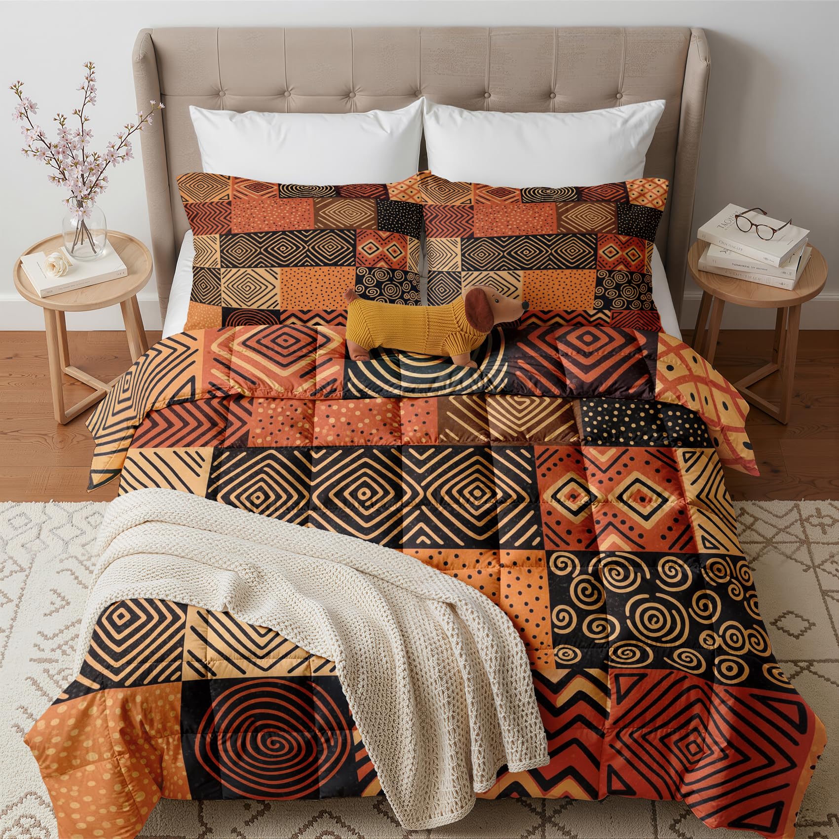 Couette 240x260 4 Saisons Africaine, Duvet 2 Personnes Douce Légère et Chaude, Couette Imprimée Réversible Ethnique Tribal, Edredon avec 2 Taies d'oreiller