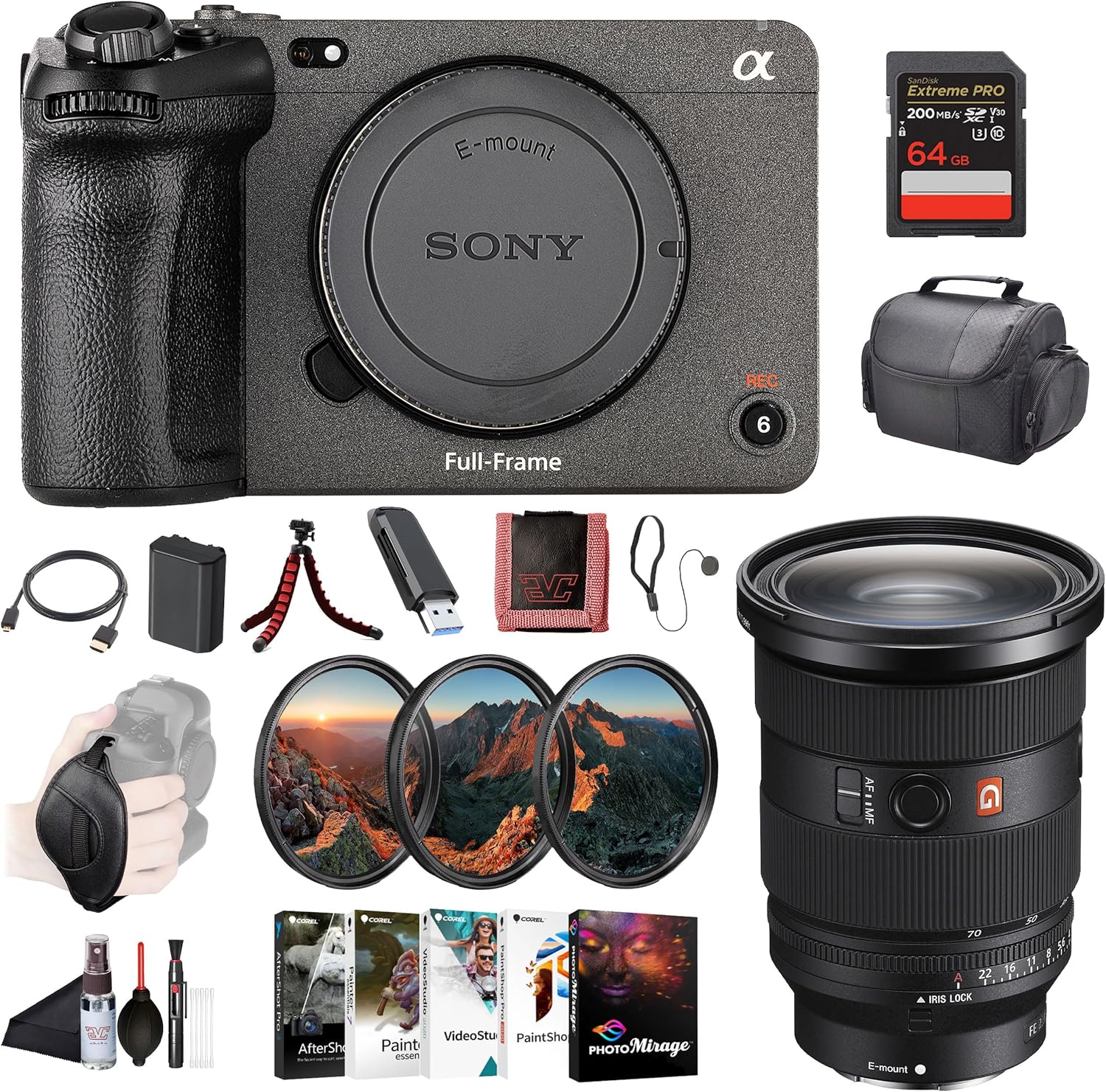 Sony FX3 Full-Frame Cinema Camera ILME-FX3, Sony FE 24-70mm Lens, 64GB Memory Card, Filter Kit, Bag, NP-FZ100 Compatible Battery, Card Reader, Corel Photo Software, Flex Tripod, and More