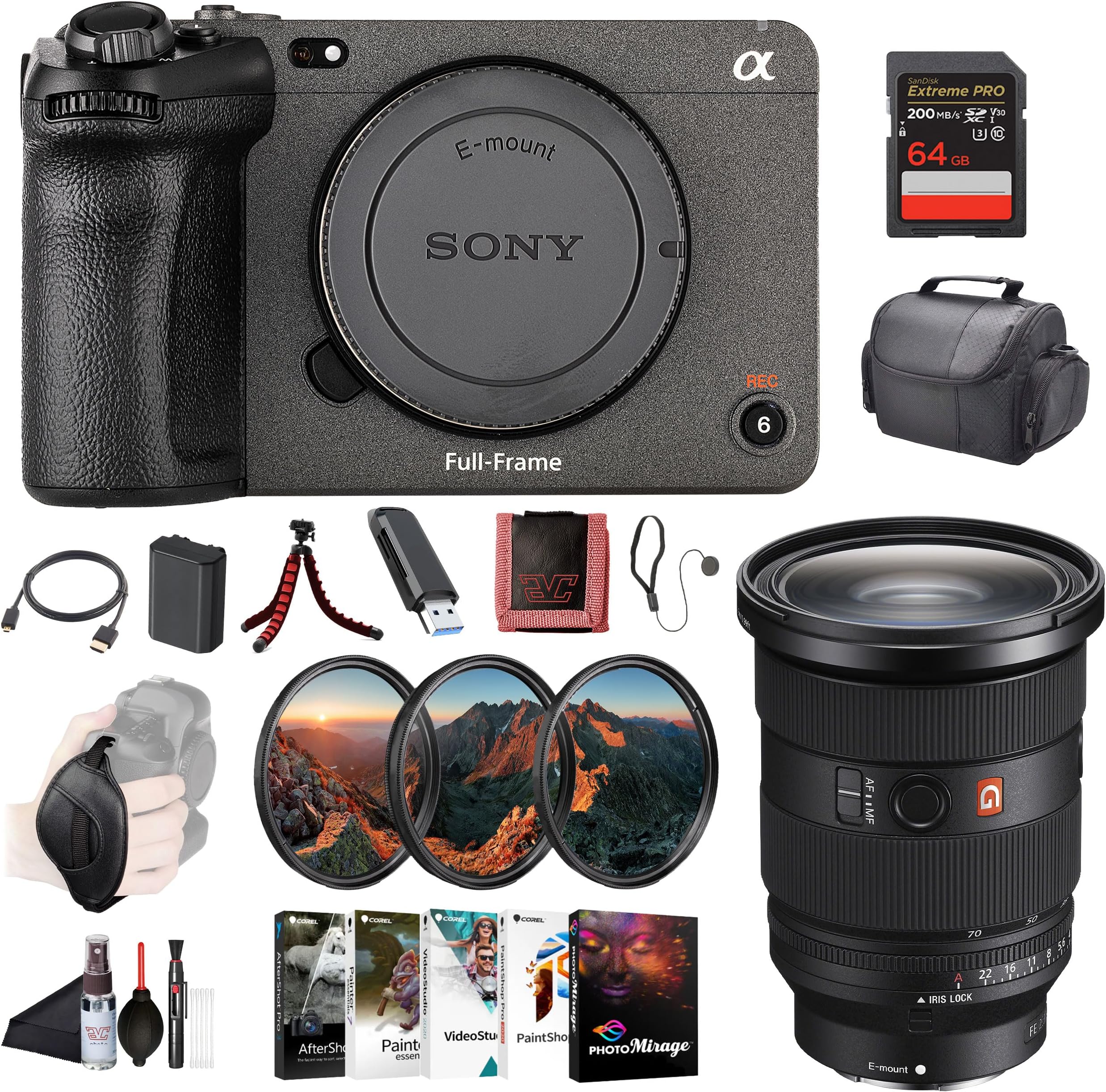 FX3 Full-Frame Cinema Camera ILME-FX3, Sony FE 24-70mm Lens, 64GB Memory Card, Filter Kit, Bag, NP-FZ100 Compatible Battery, Card Reader, Corel Photo Software, Flex Tripod, and More