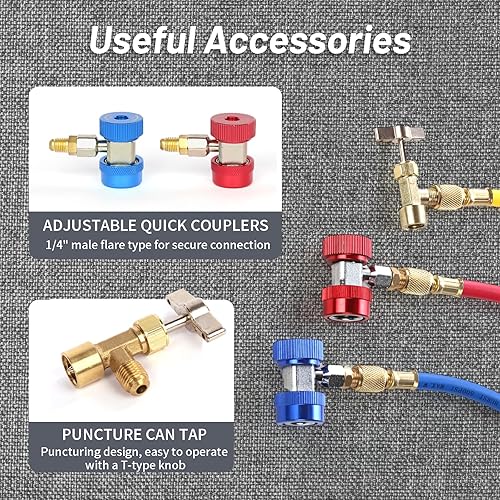 Miniatura 6 de PB Motor Tech - Juego de manómetros de CA de 4 vías, compatible con refrigerantes R22 R134A R410A, con acopladores rápidos, adaptadores y