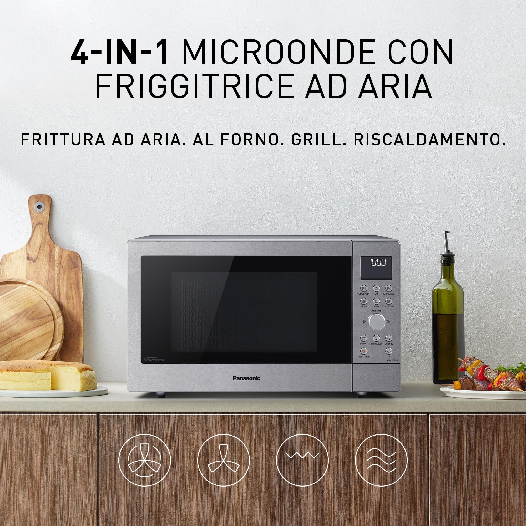Panasonic NN-CD58RSEPG Friggitrice ad Aria e Forno a Microonde Combinato 4 in 1 da 27 L, Inverter da 1000W, Grill da 1300W, Convezione, 19 Programmi Automatici, Acciaio Inossidabile