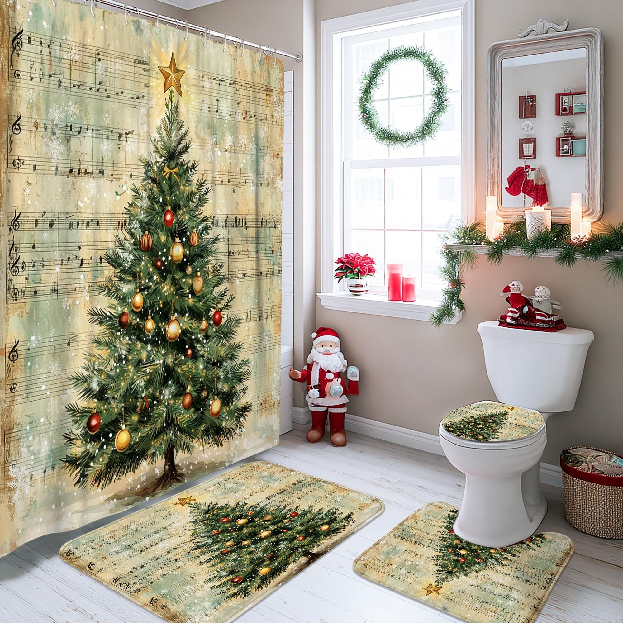 Rideau de douche imperméable vert en polyester 183 x 183 cm avec motif de Noël traditionnel