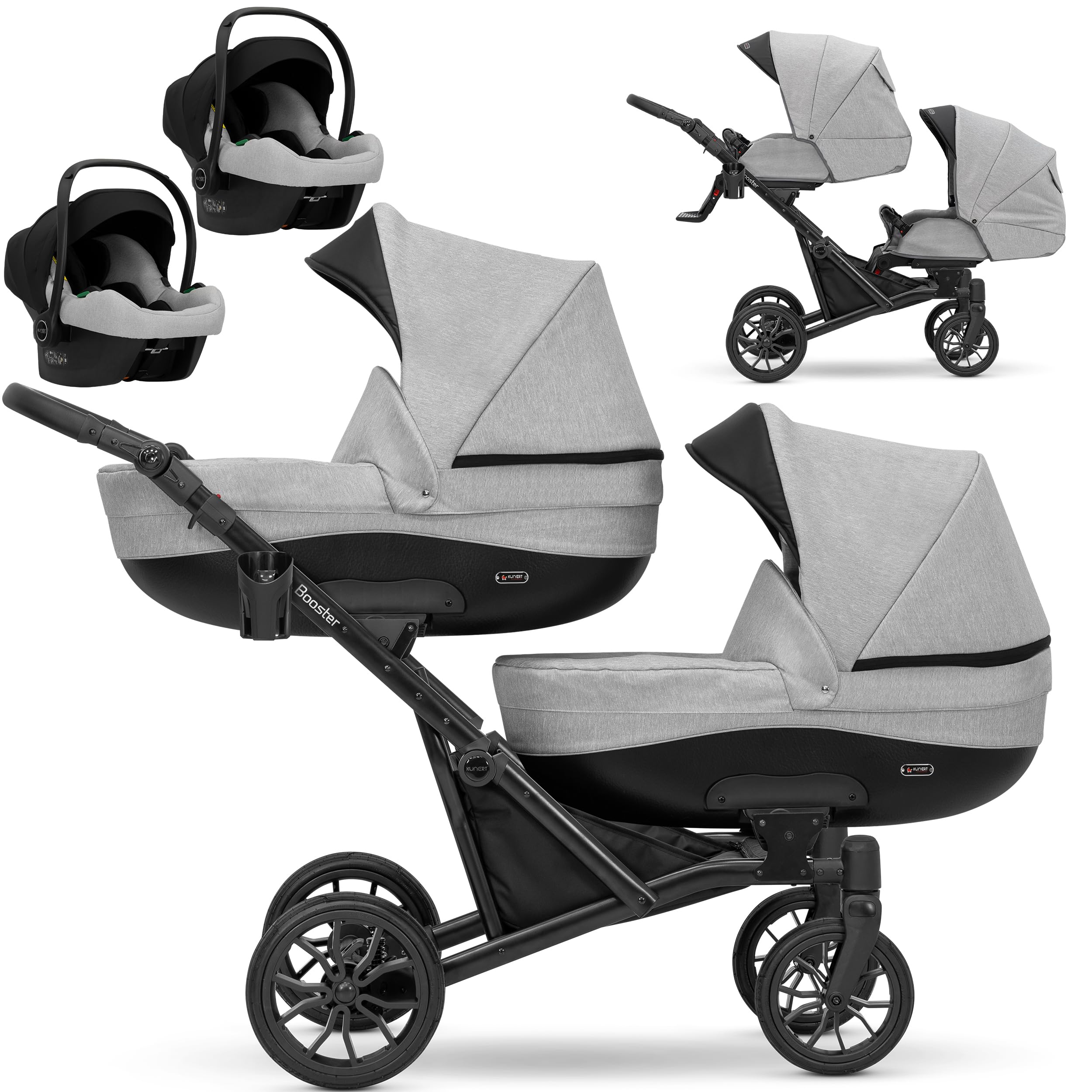 KUNERT Passeggino Gemellare 3 in 1 Cosmo Navicella Carrozzina Seggiolino Auto Grigio
