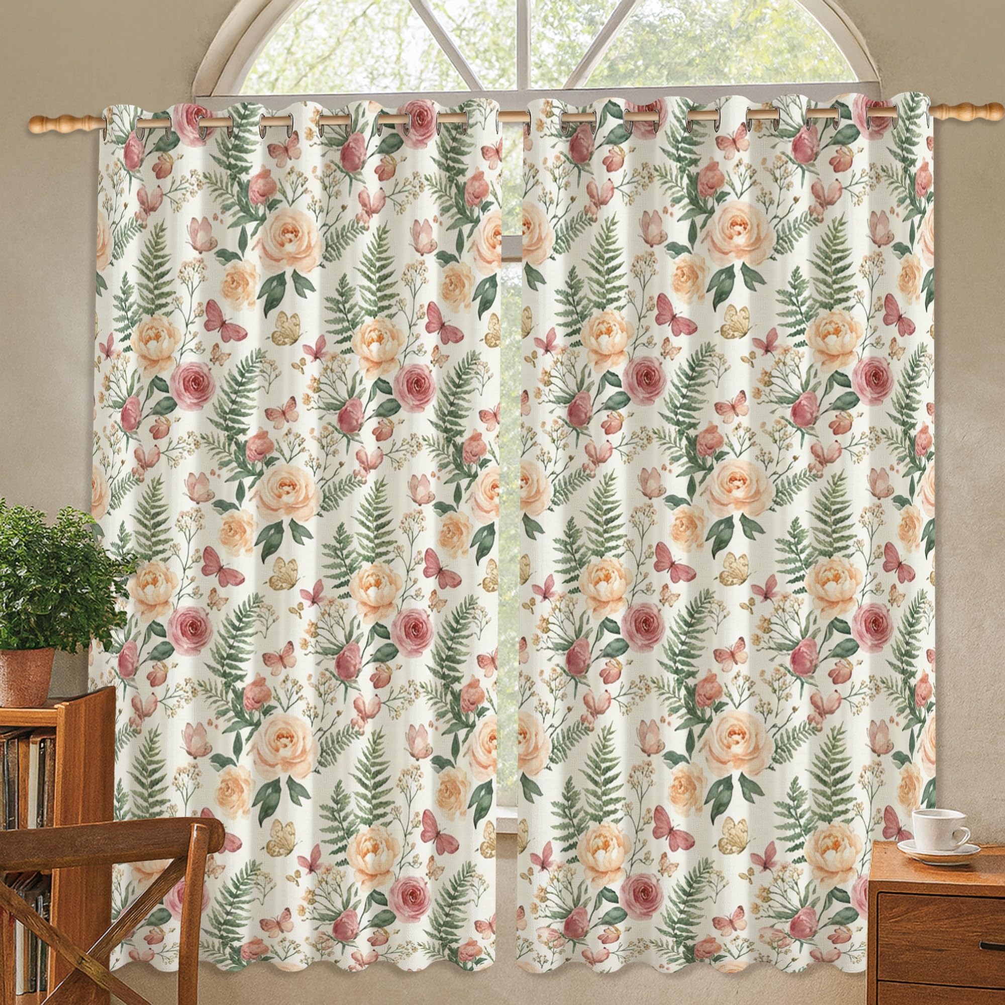 Rideaux occultants thermiques fleuris rose pêche 106x114 cm pour fenêtre