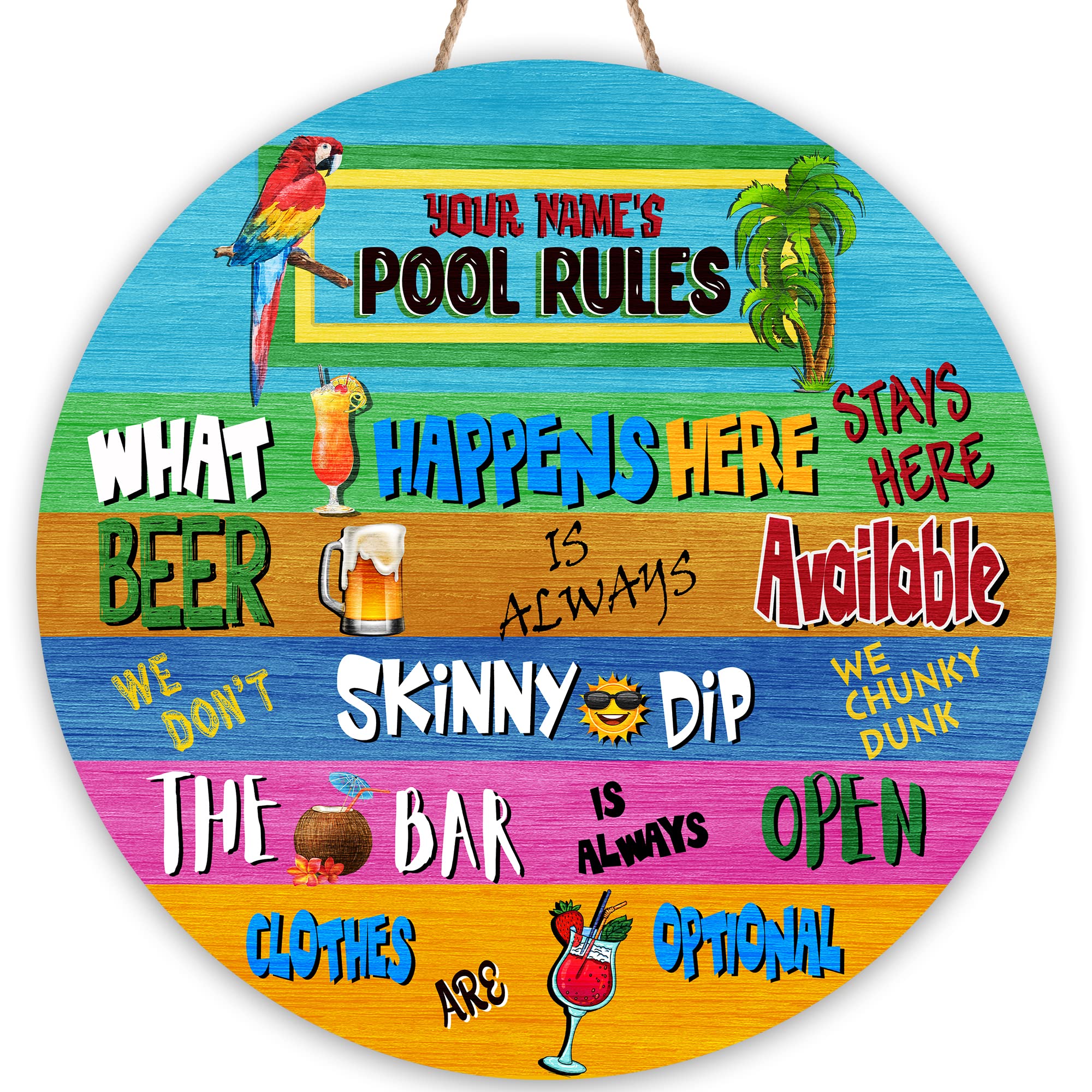 Artsy Woodsy Personalized Pool Decor Wood Sign (Not Carved or Neon) Wall Art Plaque, Tropical Summer Decor, Poolside Area Backyard Bar & Grill Patio Deck Tiki Bar Outdoor Outside Accessories (03)