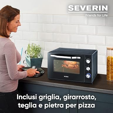 SEVERIN TO 2066 Forno elettrico XXL 60 L con 6 livelli di cottura da 100 a  230°C e timer, Forno ventilato con pietra refrattaria, spiedo girarrosto e  luci interne, 2200 W, Nero :