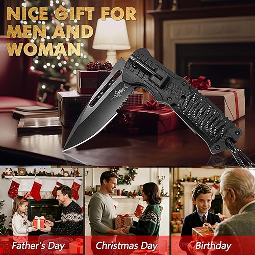 Miniatura 9 de XIPHIAS Cuchillo plegable de supervivencia, multiherramienta de acero inoxidable con luz LED, iniciador de fuego, silbato y paracord, clip de