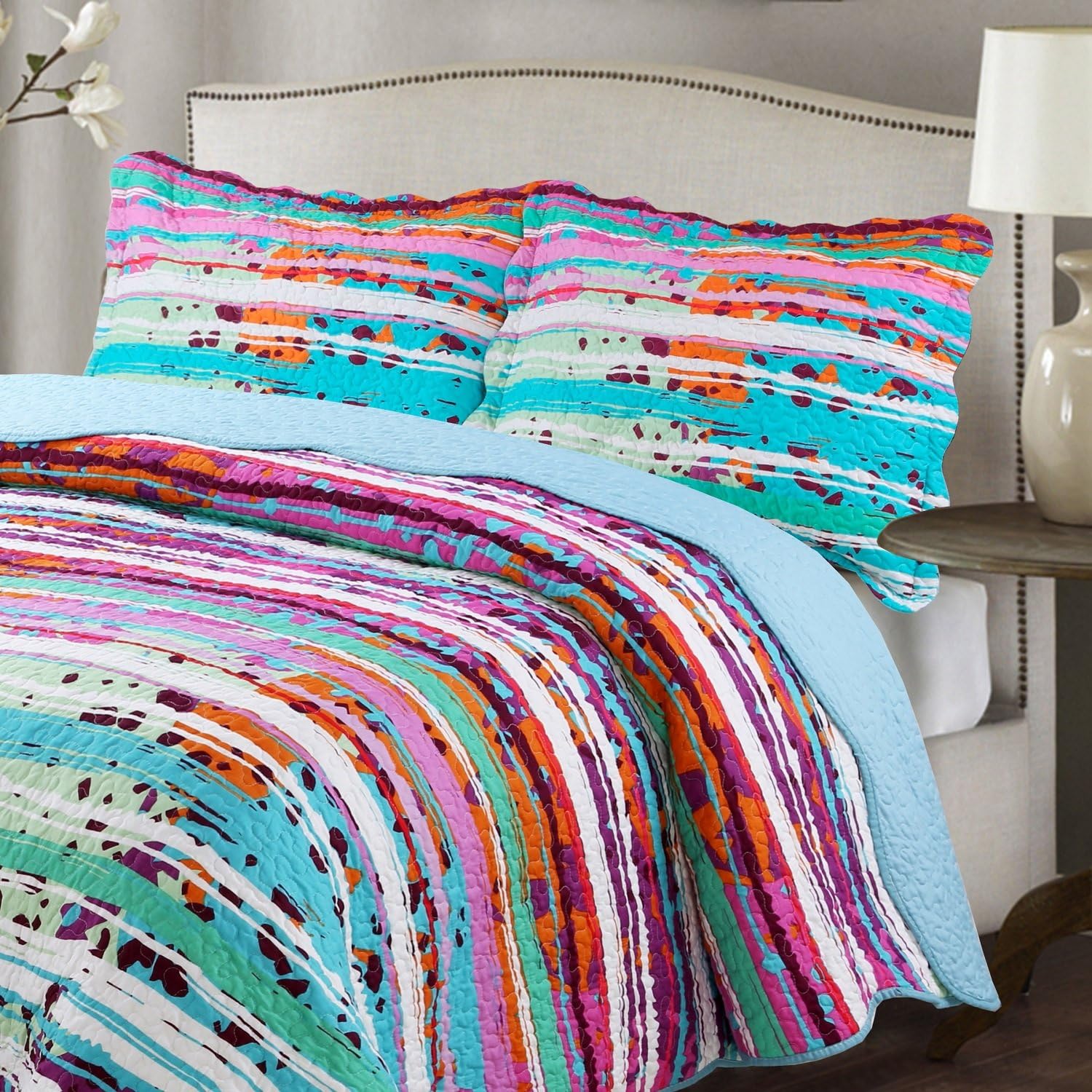 Printing Damask Quilt Set Queen Size Light Blue Danube (Size:90"x90") -3pcs Prewashed Coverlet Set-Lightweight Soft Microfiber