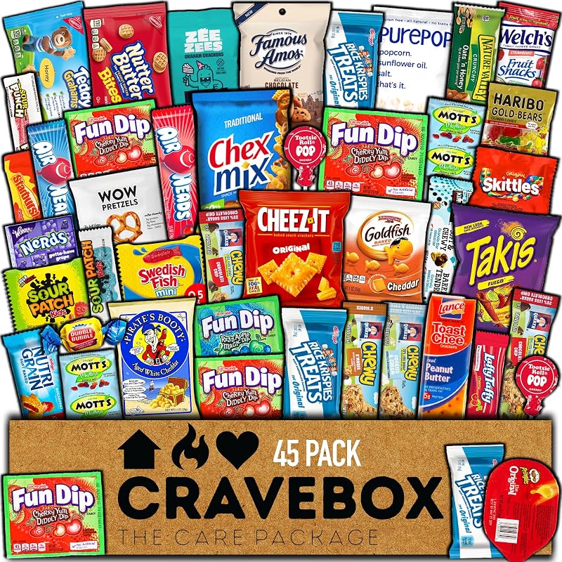 CRAVEBOX Snacks Box Variety Pack Care Package (45 Count) Summer Treats Gift Basket Adults Kids Grandkids Guys Girls Women Men Boyfriend Birthday Cookies Chips College Student Office School