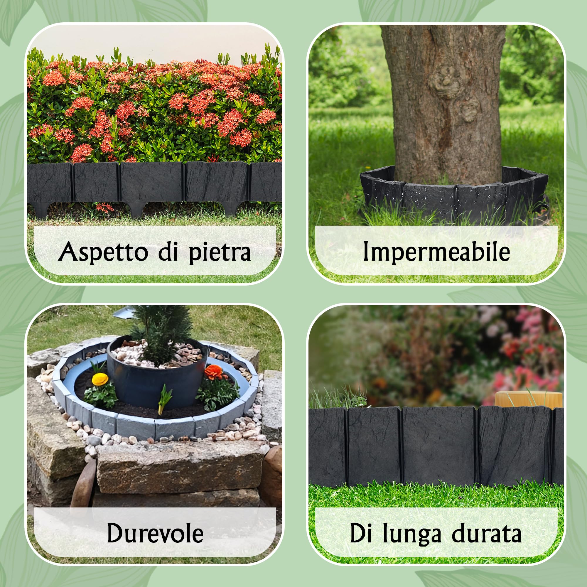 GARDENIX Bordo per aiuole in plastica, effetto pietra, 3,9 m, bordo per aiuole antracite, 5 moduli, resistente ai raggi UV, palizzata da giardino, uso versatile