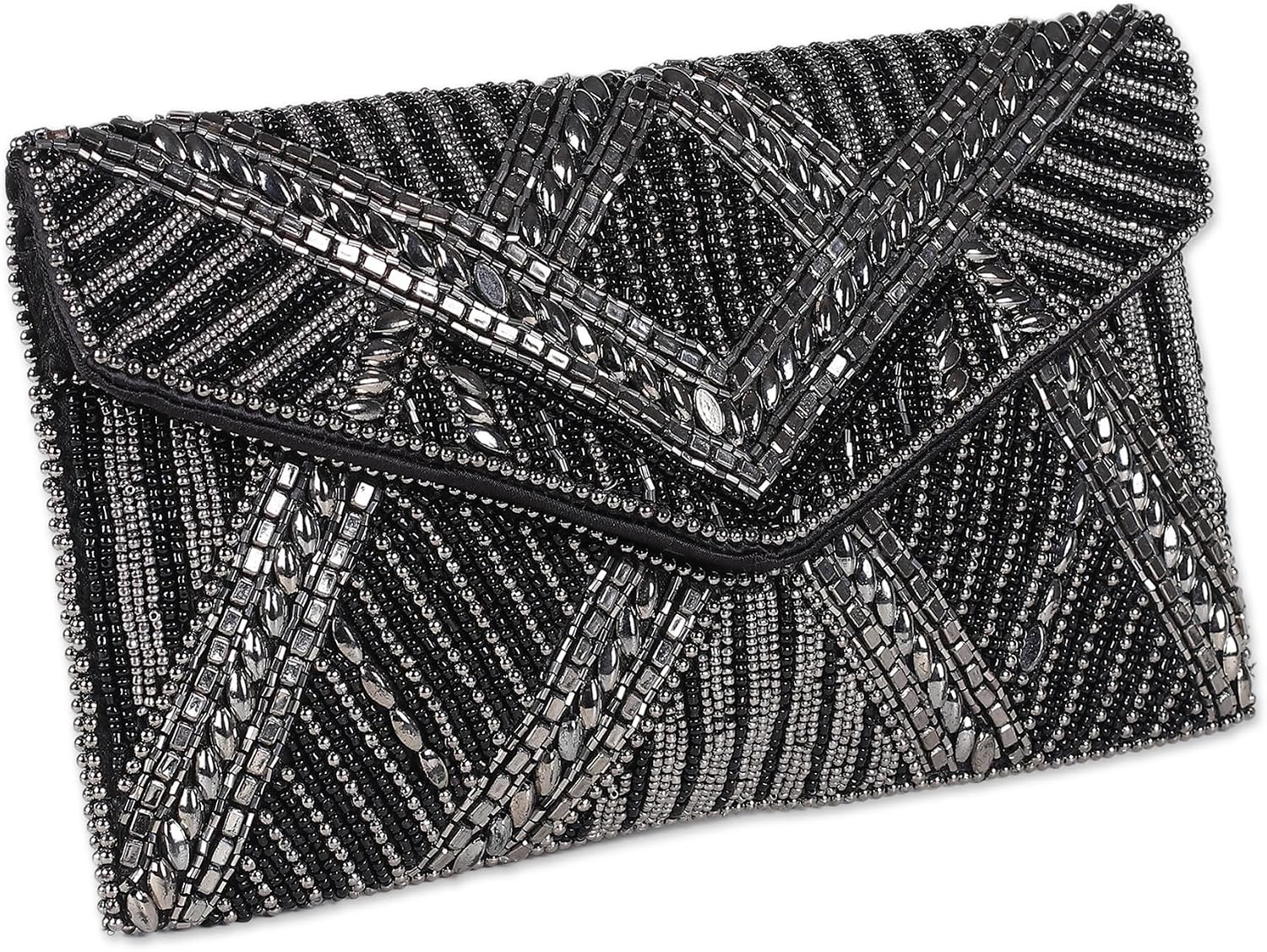 NOVICA Handmade Beaded Evening Bag Metallic Black Handbag from India Patterned 'Gleaming Glamour'