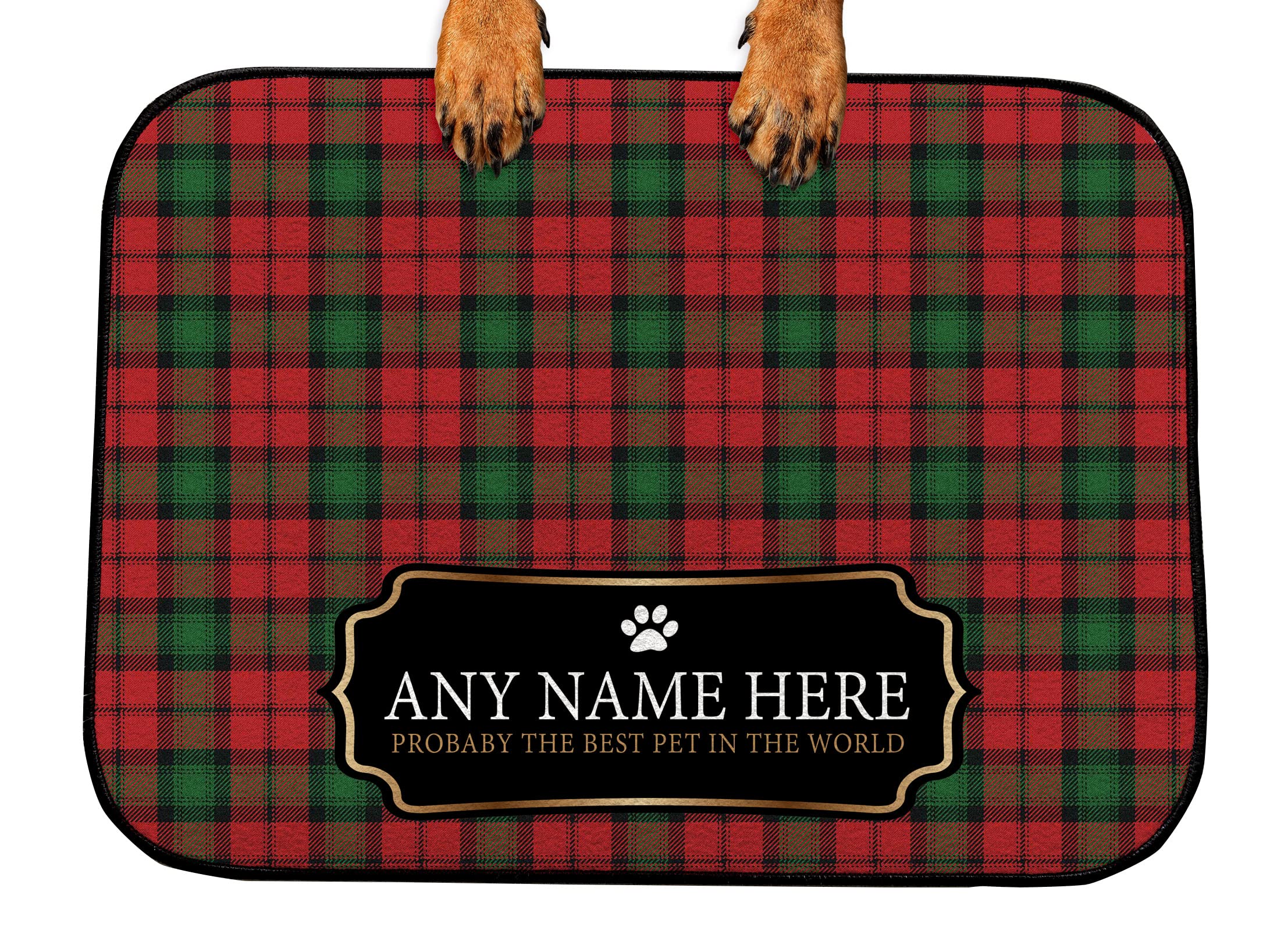 Personalised Dog/cat feeding mat - bowls mat - Red Tartan with any name bowls Mat 44cm x 32cm