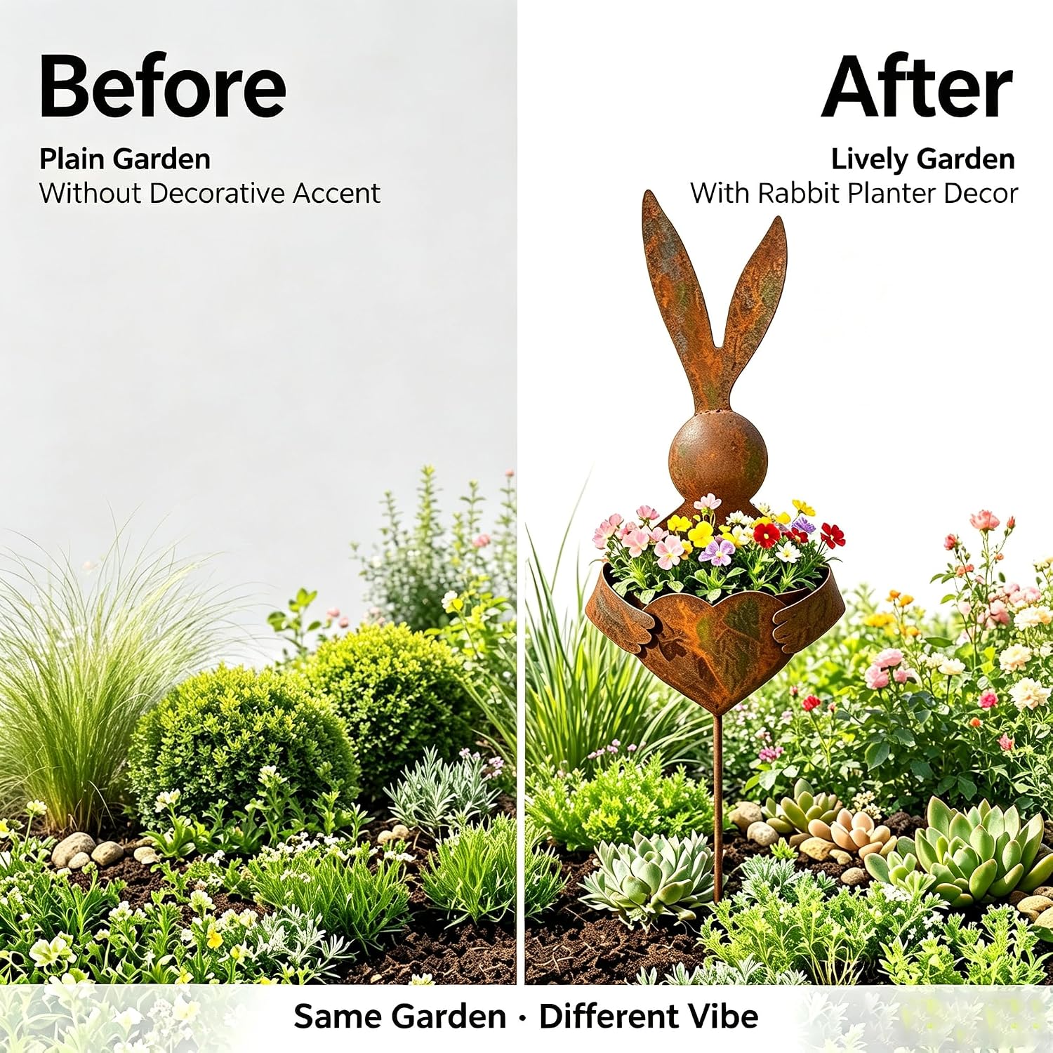 Rusty Metal Rabbit Garden Stake Planter, Easter Yard Art, Iron Flwr Holder image 3