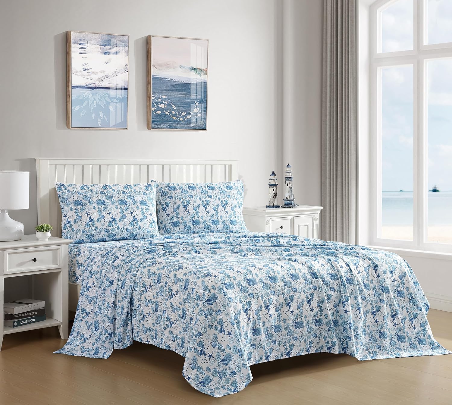Beatrice Home Fashions Coastal Print Microfiber Sheet Set, Soft, Comfy, 12" Deep Pockets, Queen, Nautical Turtles