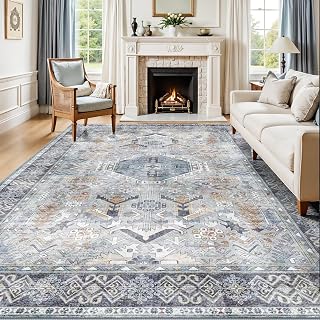 Washable Living Room Area Rug - 8x10 Large Bedroom Rug Distressed Oriental Non-Slip Non-Shedding Print Floor Carpet for Dining Room Kitchen (Grey/Blue,8 x 10)