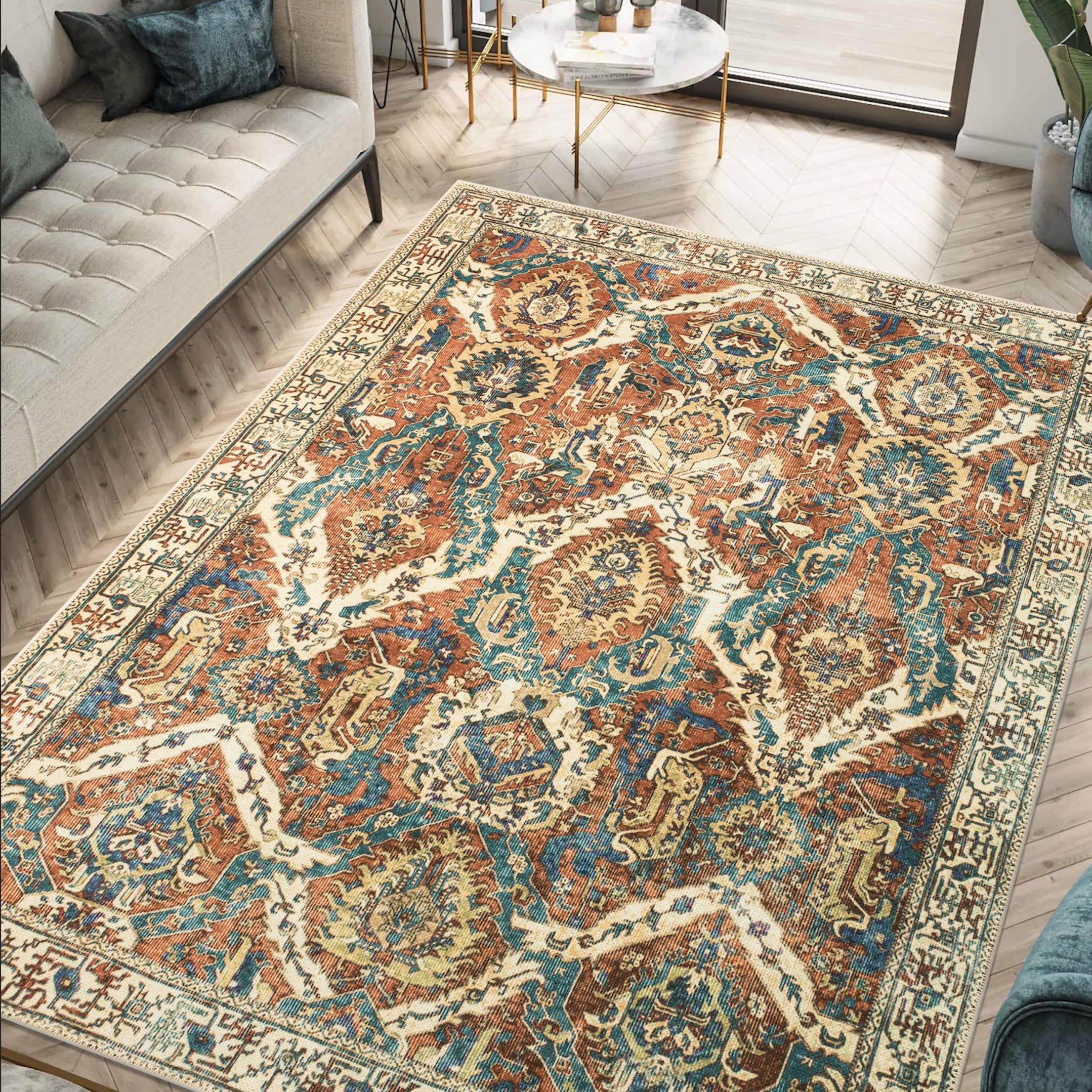 Keen Home Design 8x10 Rug - Machine Washable Area Rug with Non-Slip Backing, Ideal for Living Room, Dining Room, Bedroom - Vintage, Easy Clean,